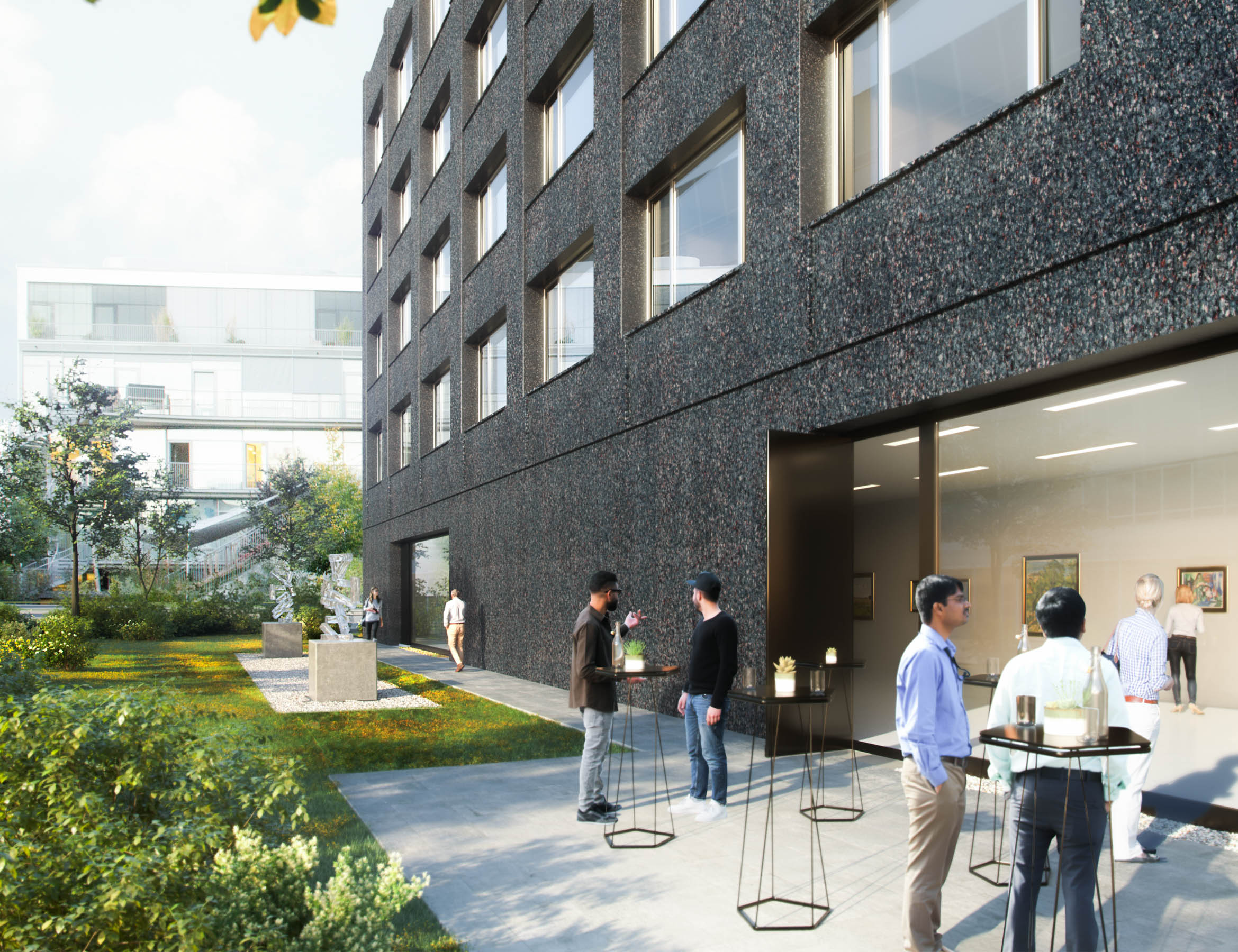 View of the backyard with the Art Gallery inside at Georg-Muche-Stra&szlig;e, Munich.