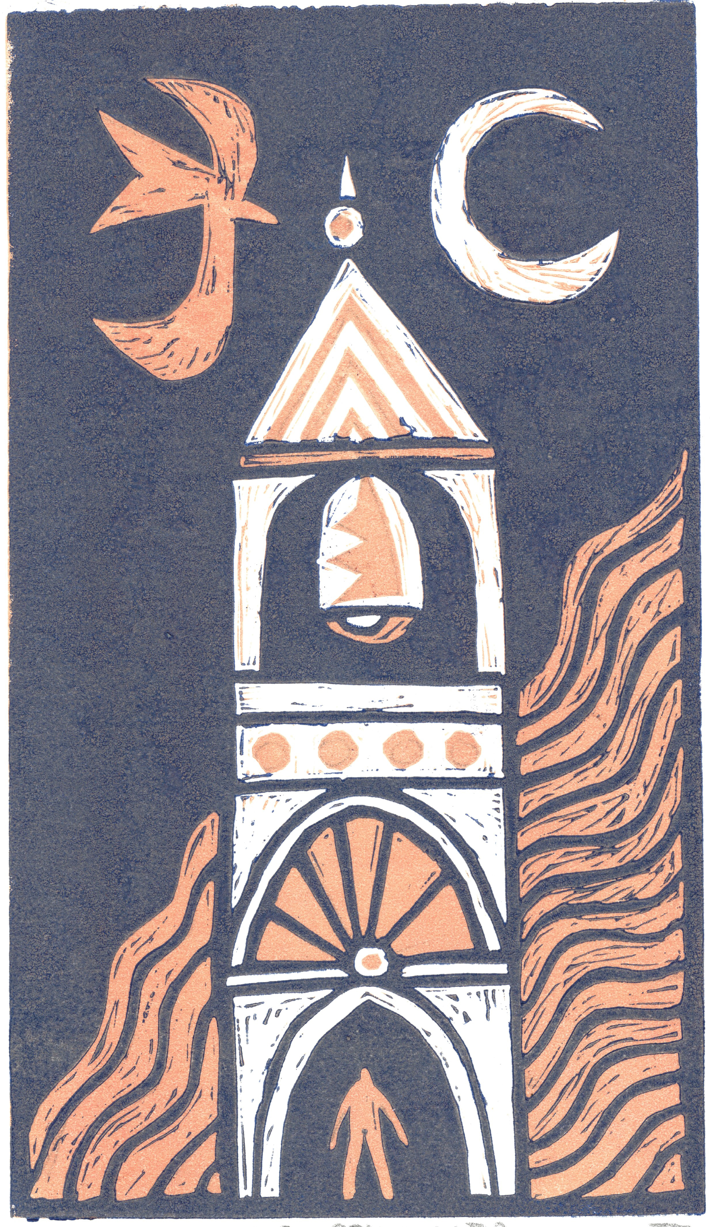 Belltower, two-layer reduction linocut