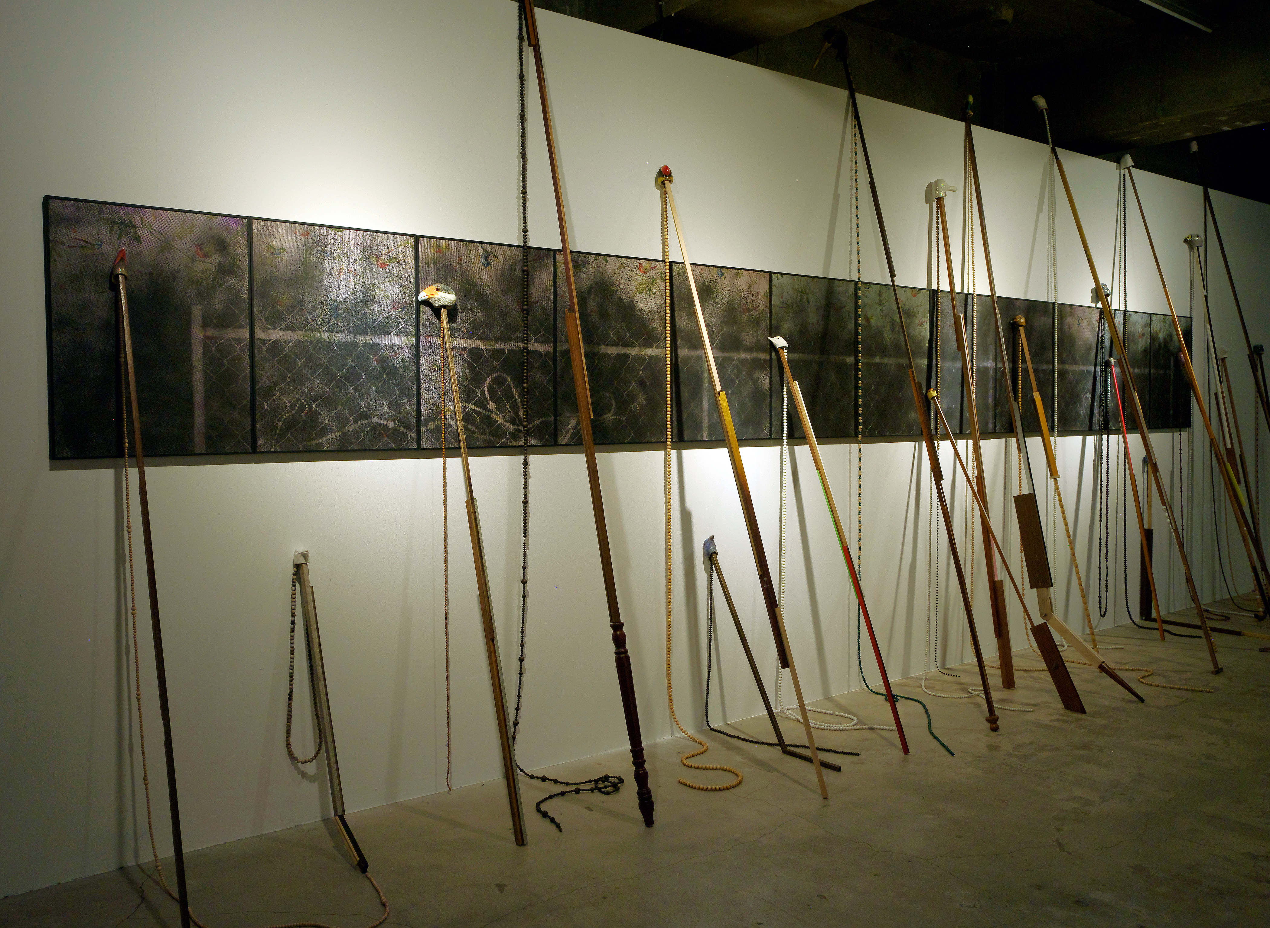 Running fence / Wallpaper, ball-point pen, charcoal powder, found object, ceramic & acrylic, Dimensions Variable, 2018