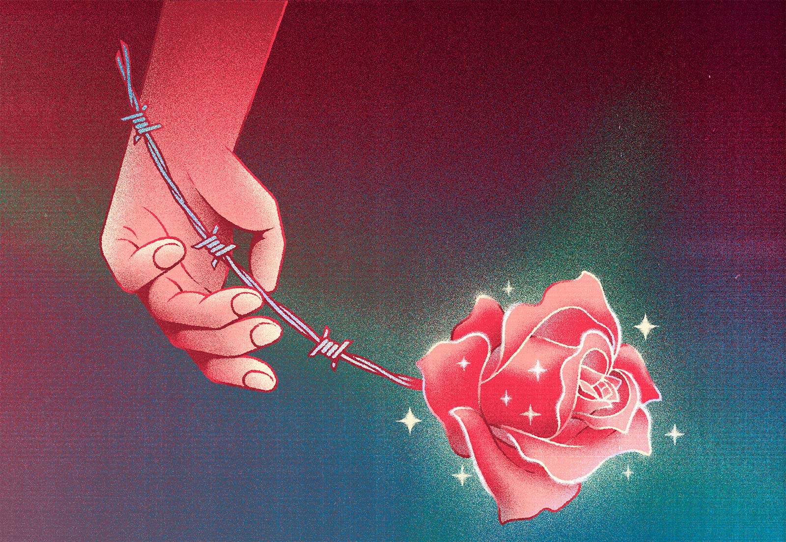 Old fashioned romantic clichés, illustration for El Correo (Lifestyle section) 2022. Illustration shows a hand holding a sparkling cheesy flower whose stem is a barbed wire stem.