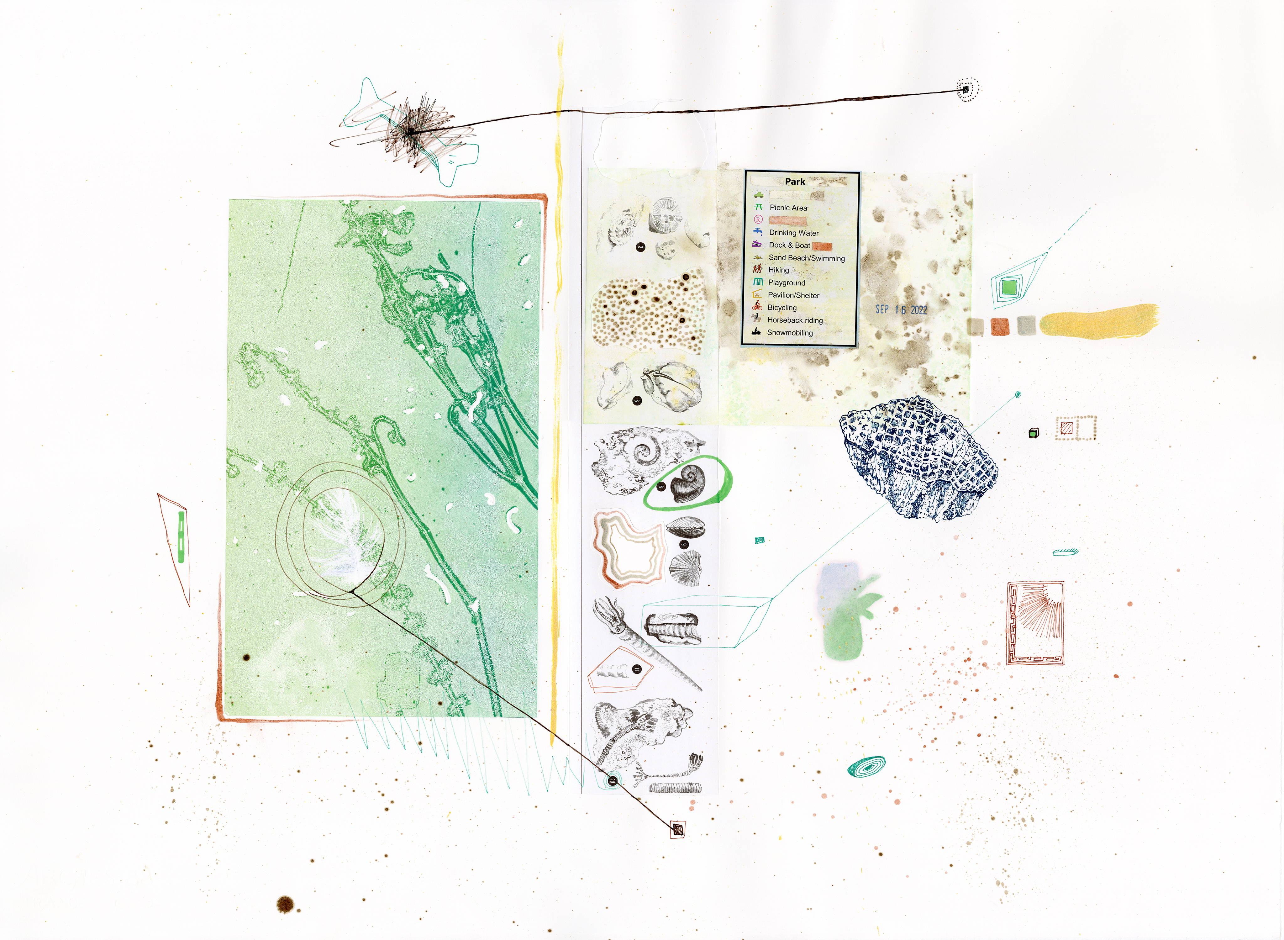 Drawing 34/56 from 56 days at the Dome House 22.5 x 30 inches, ink, Chine-collé, etching and stamps on Arches 88 paper - BUY