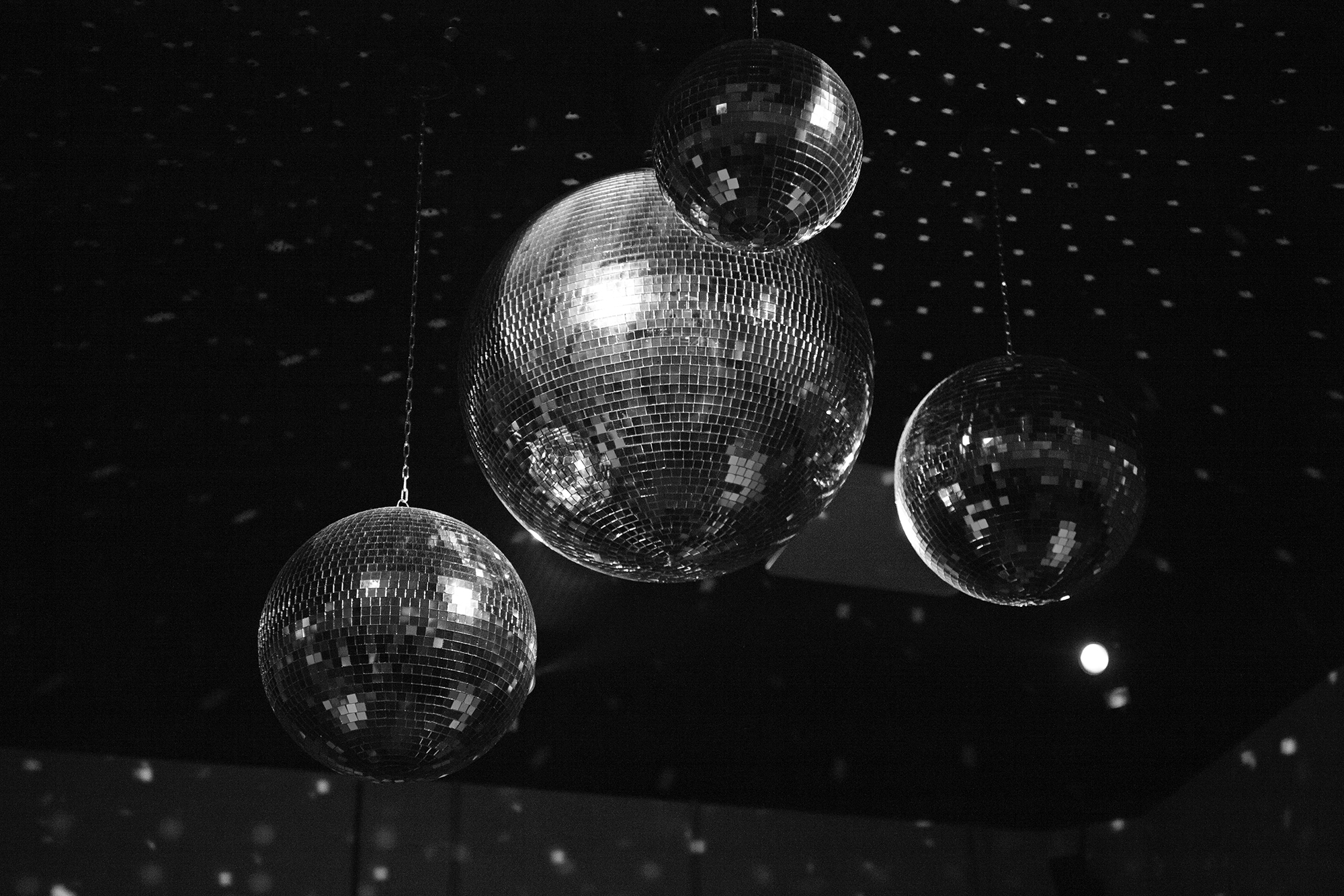 Mirrorballs in a clubBarcelona, Spain, 2022photography, bw, single