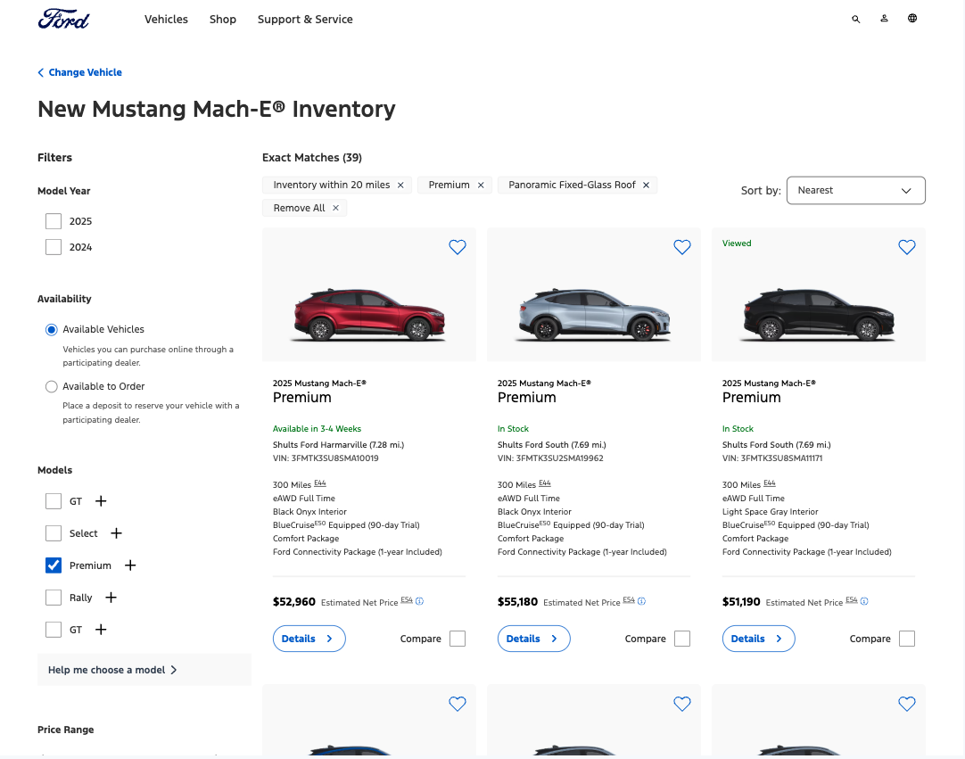 Ford's inventory search page, filtered to Mach-E Premiums with a panoramic glass roof.