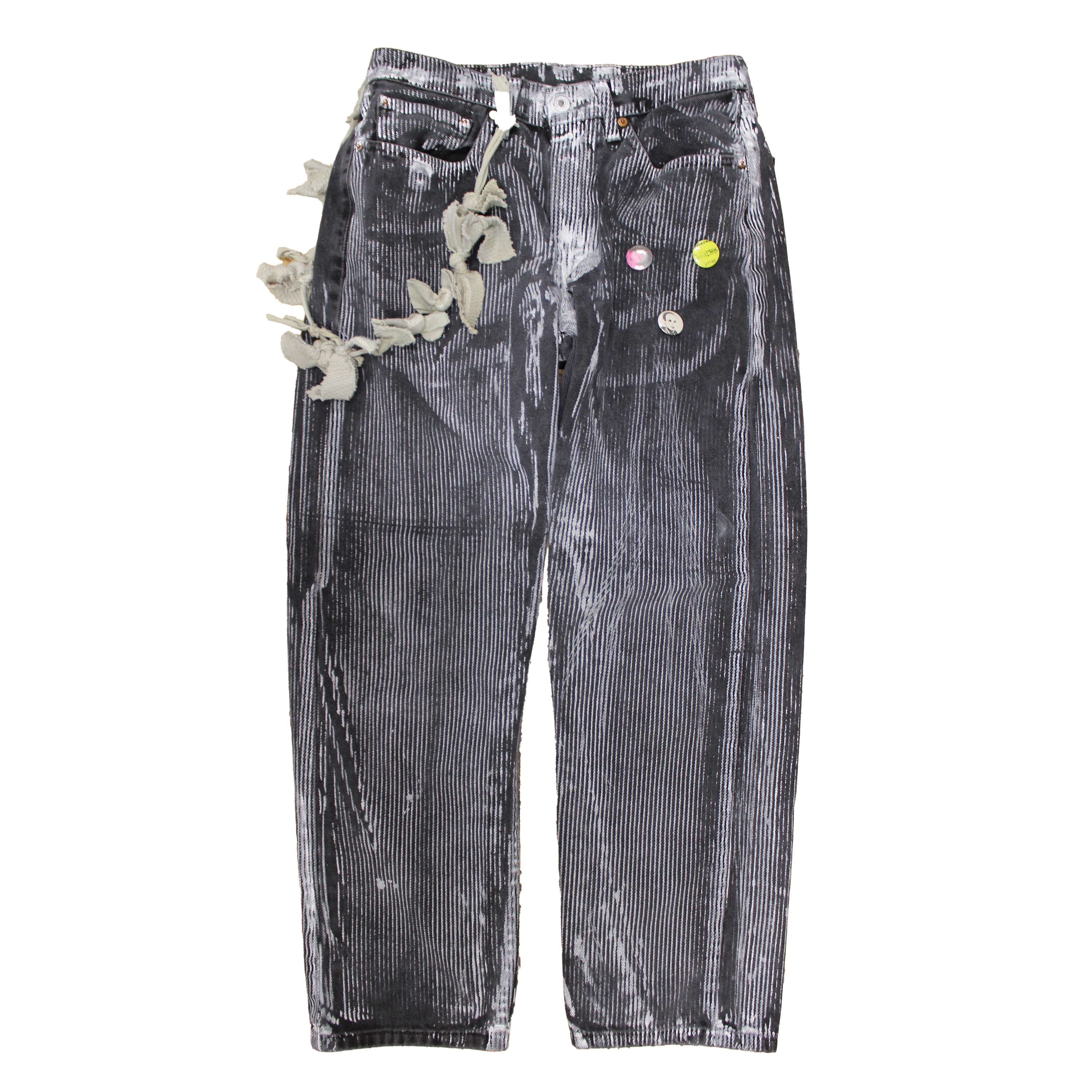 reclaimed vintage surplus denim screen printed with textile ink in snagstripe print. tailored for straight/wide fit. fitted with custom keychain, scrap chain, and leather patches