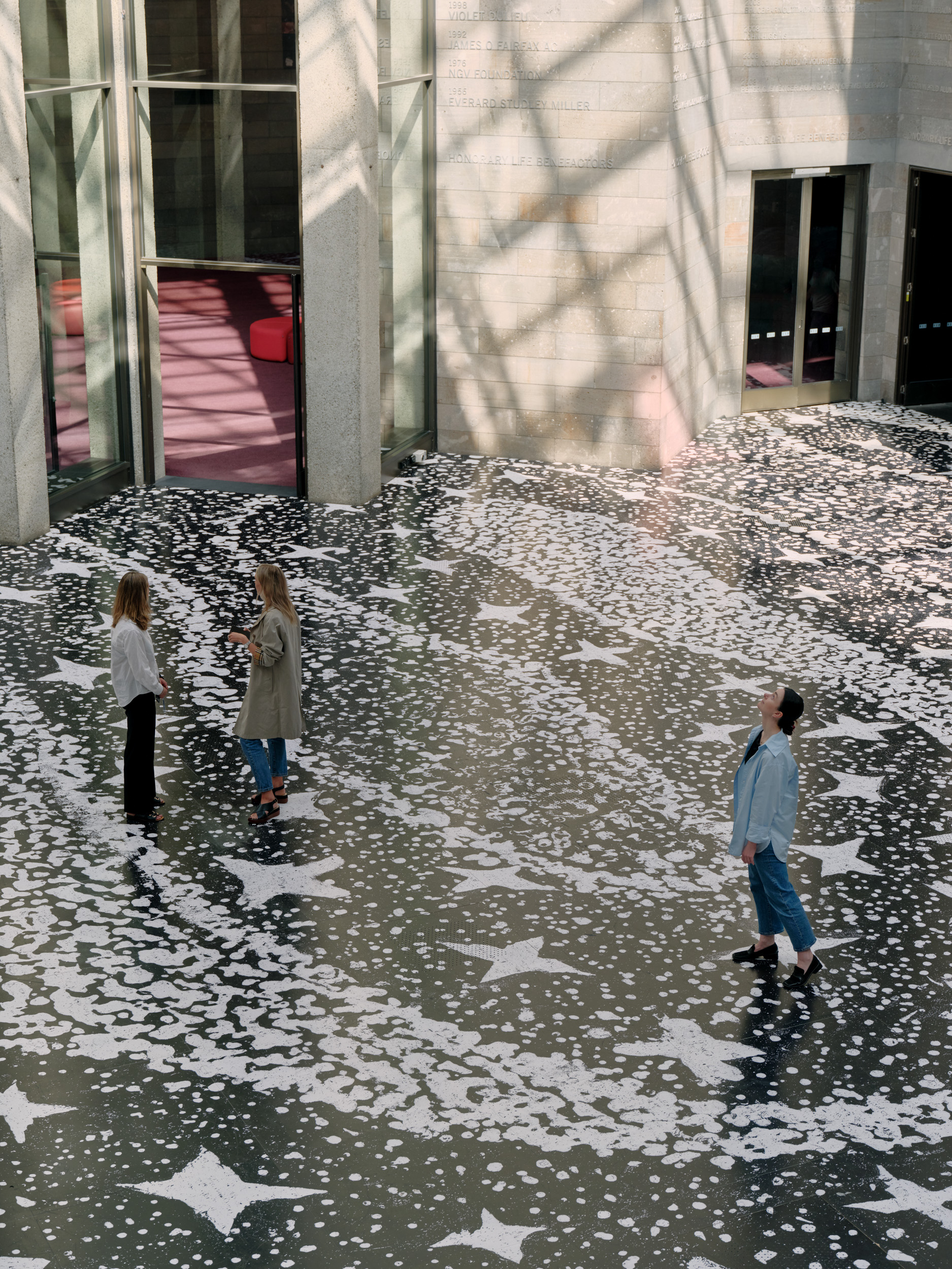  Exhibition graphic design for 'Bark Ladies', Naminapu Maymuru-White, Starry night floor, National Gallery of Victoria, 2021