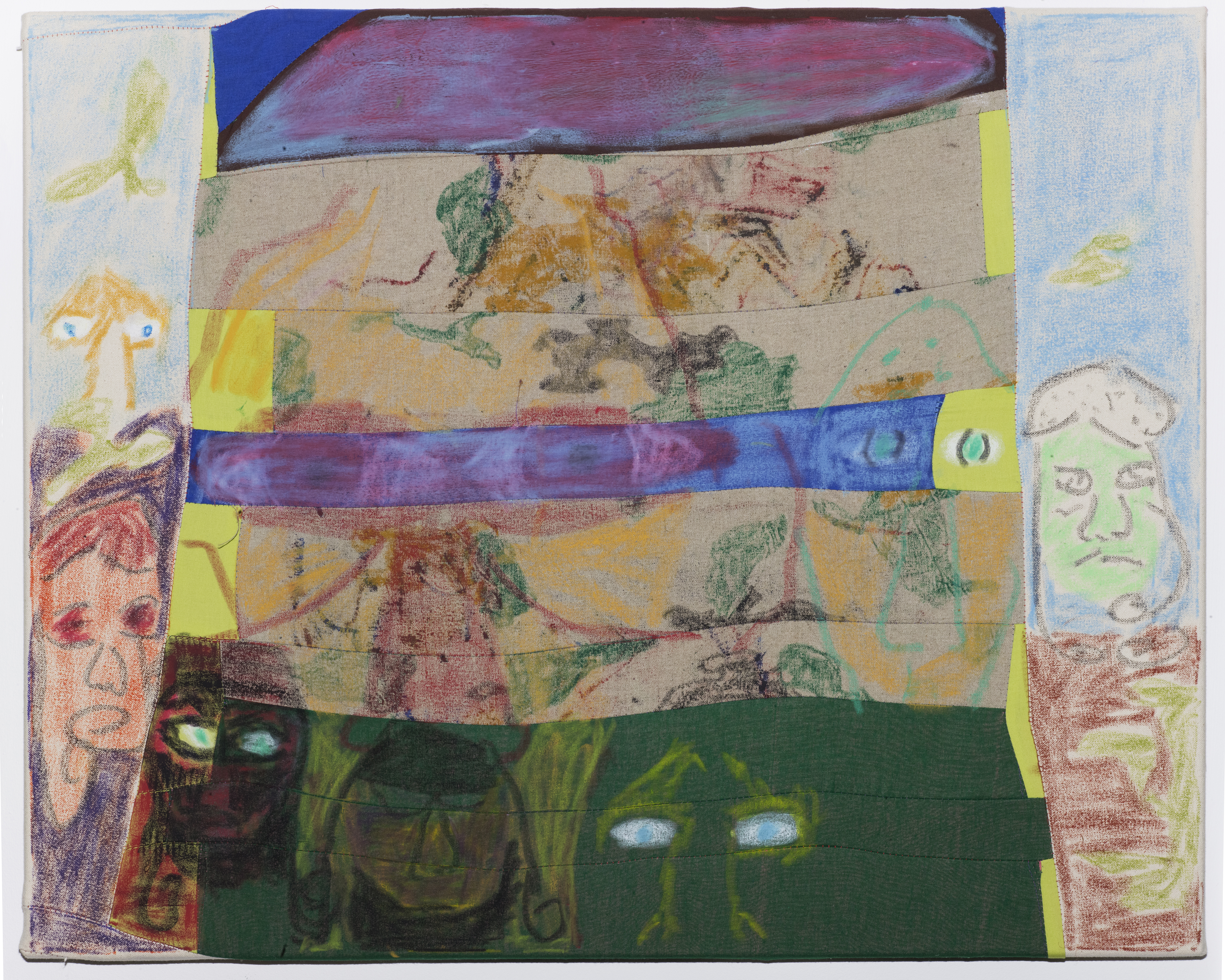There's A Group In The Woods And They're Plotting Against Me, 2024, oil pastel on stitched linen and cotton, 60x75cm