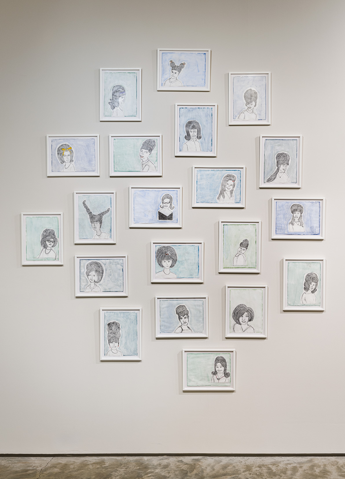 Melissa Stern, High School Hair, 2020. 20 graphite, watercolor, and colored pencil drawings, 9 x 12 inches each. Photo by Etienne Frossard.