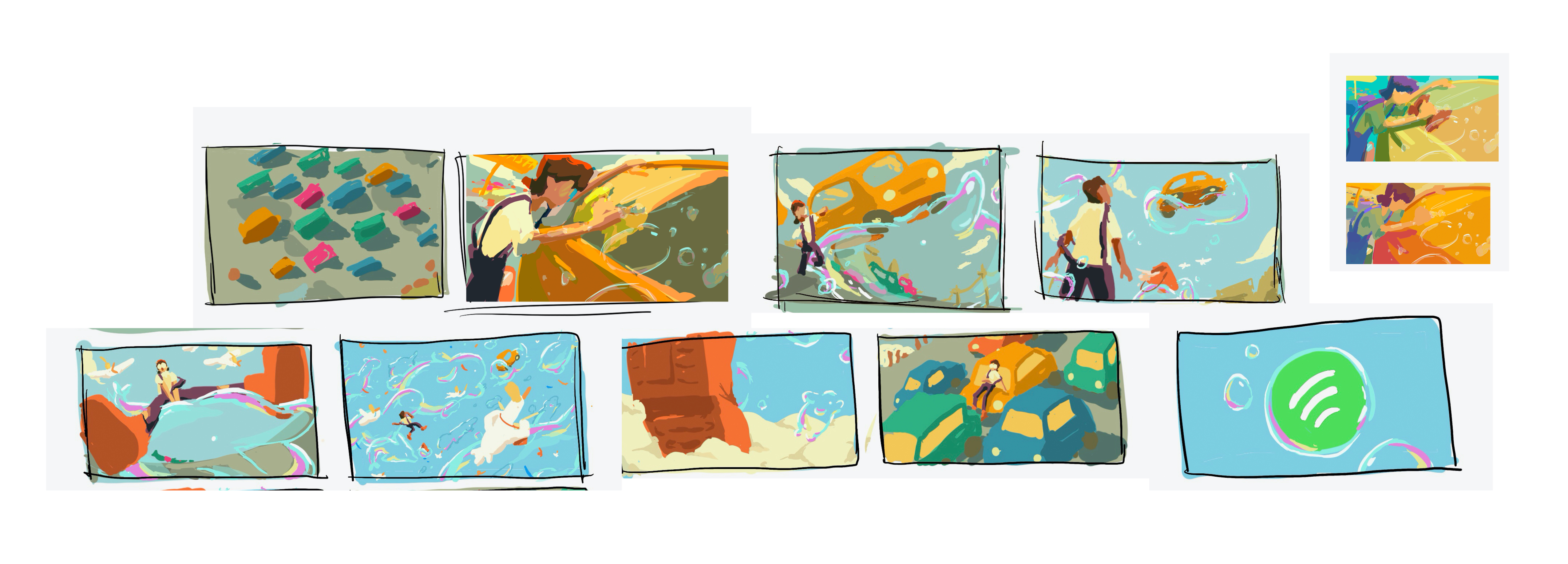 Color roughes to flesh out the sequence of styleframes. Lots of warm hues were used to replicate a hot summer day and as the scene progresses, more and more saturation is brought in.