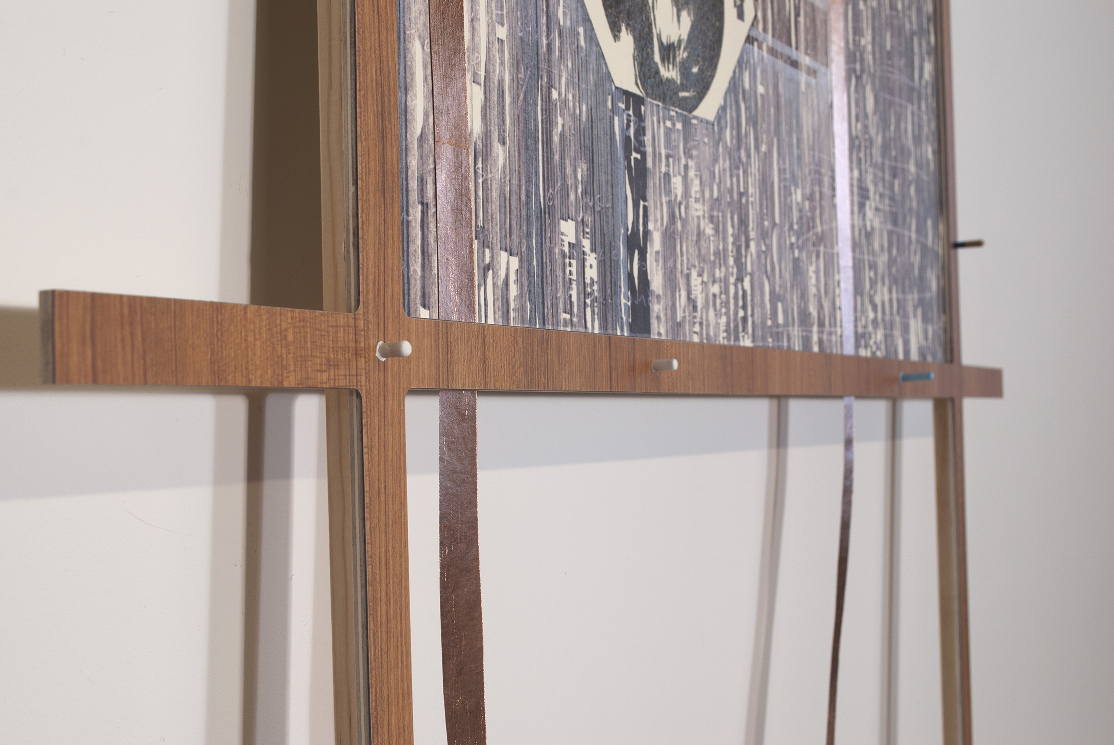 between the lectern and the icons  Ink, graphite, colored pencil and copper leaf on paper. Formica and wood. 2011 - 84 x 41 x 2