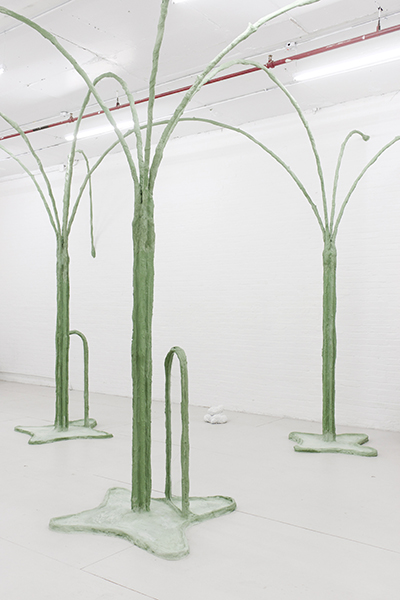 Drip Dry Eyes, 2016, concrete, pigment, burlap, pvc pipes, glass, construction steel mesh