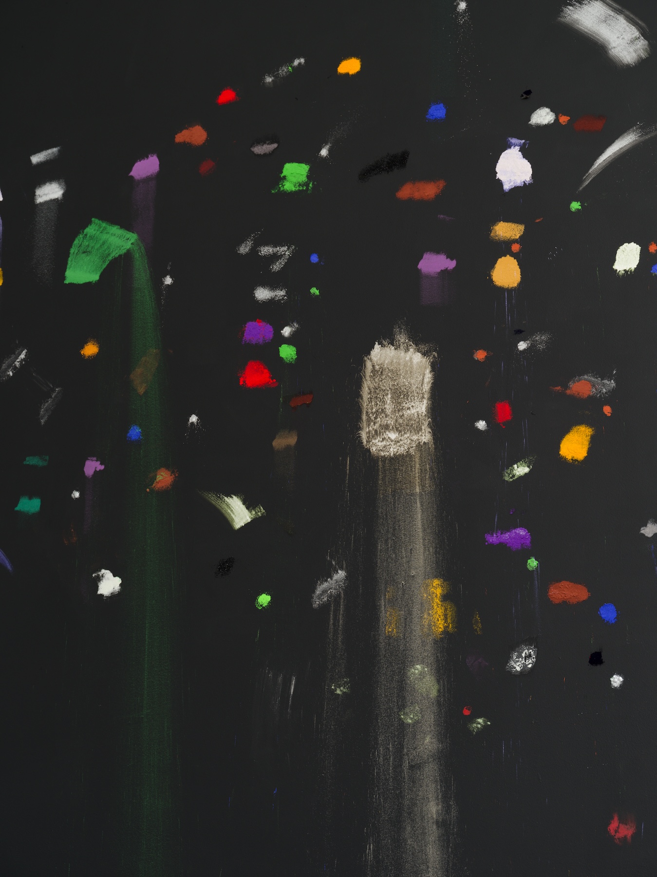 Azurite, cinnabar, copper, coral, hematite, iron quartz, malachite, phosphorescence, silver, titanium, zeolite, acrylic on wall, 5,85 x 3,75 m, Galerie Allen, 2025. Photo: Aurélie Cenno