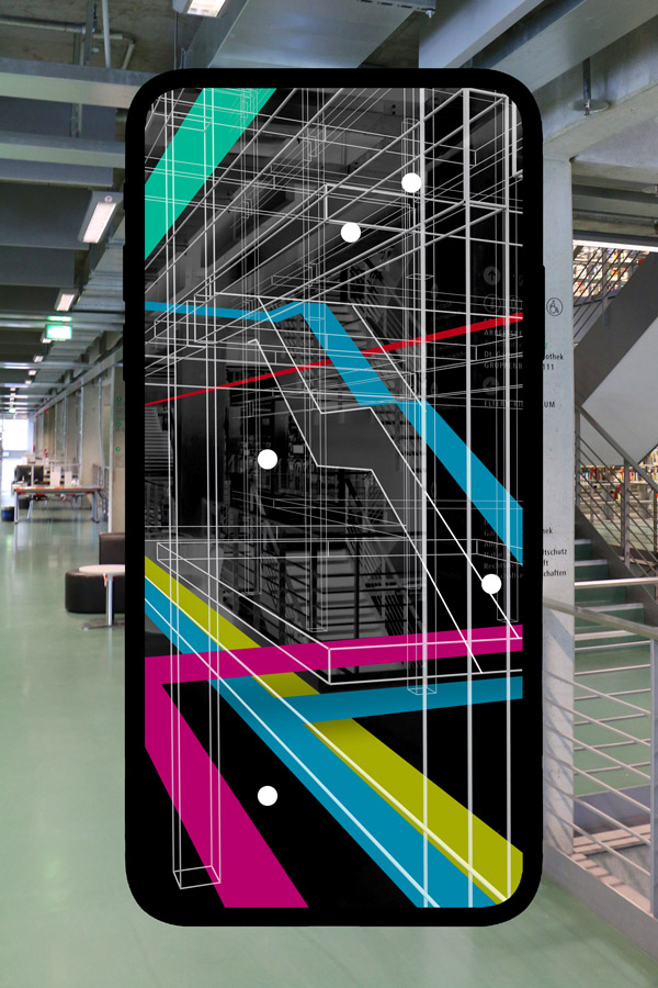 Mock-up for a VR-app: paths and spatial markers indicate the location of devices, books etc.