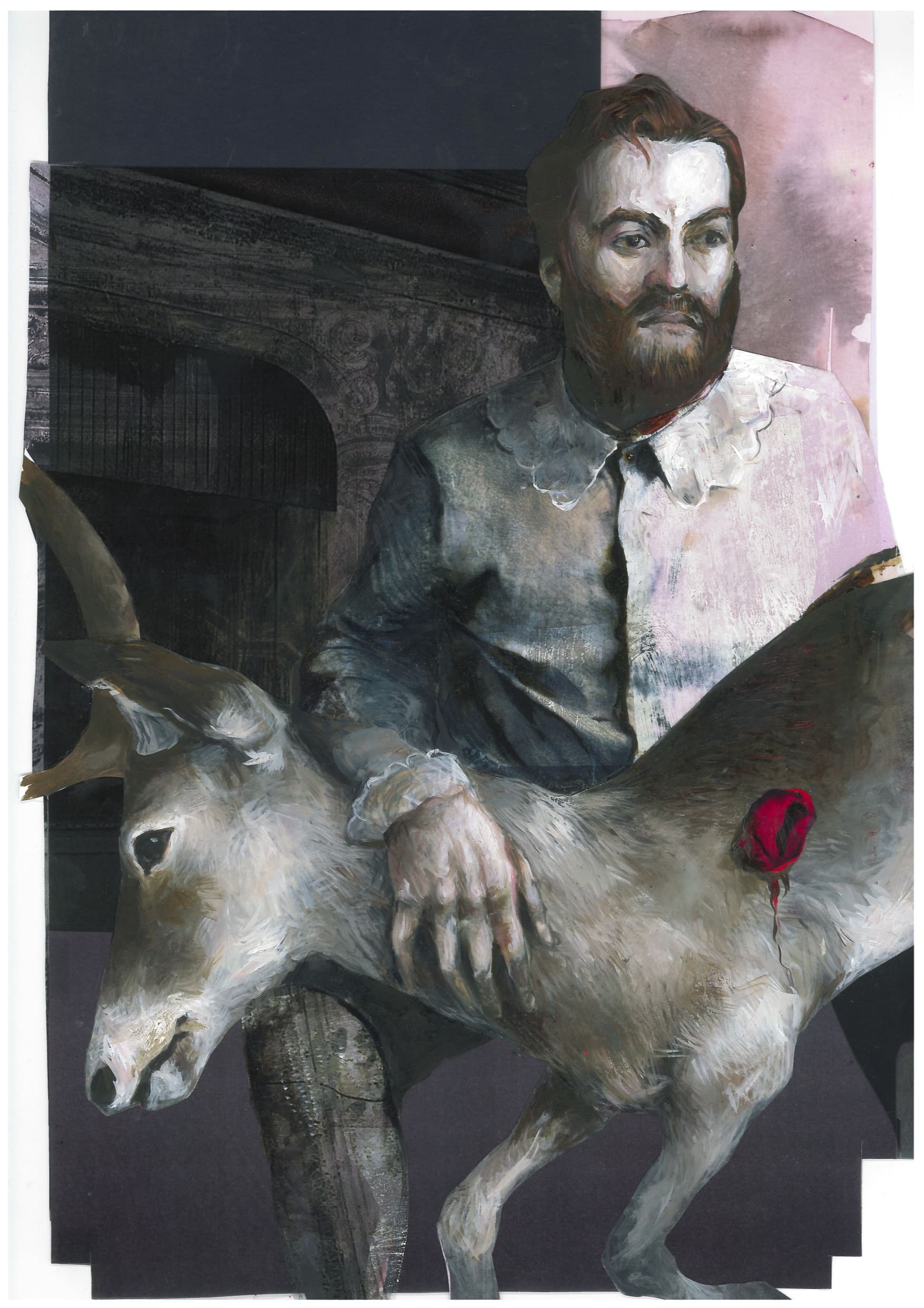 HoratioOil paint on paper, collage with photo materialSerie: Hamlet/ Text: Bruno Blume, 28x44cmPublisher: Kwasi Verlag, Bern, 2016