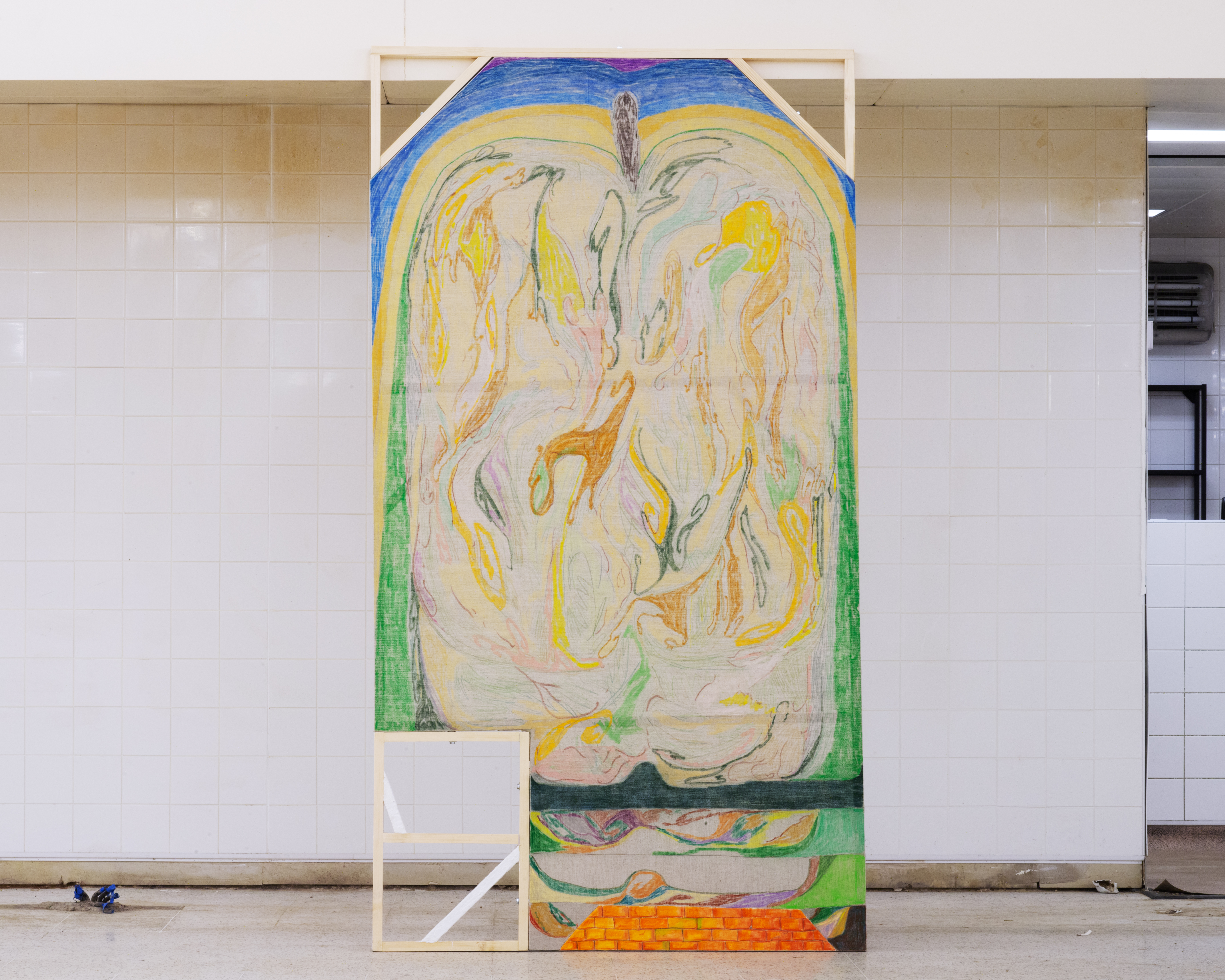 Untitled (Apple 11), 2025, oil, soft pastel, watercolour pencil, & graphite on linen, W/ pine, & plaster, 236x137cm