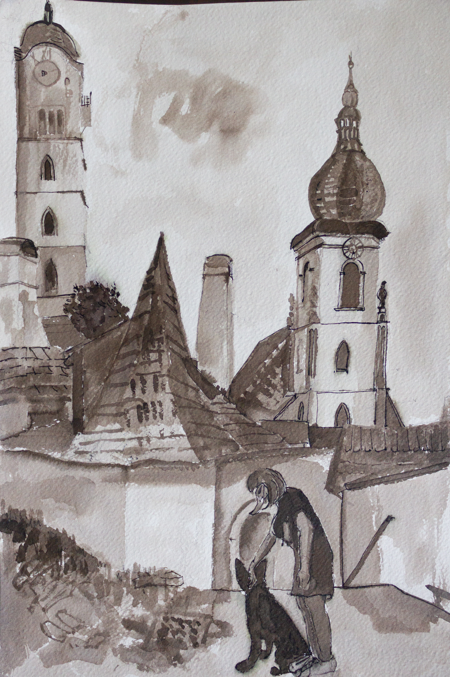 View in Stein (Woman with dog) Sepia, 2022, 30x45cm 