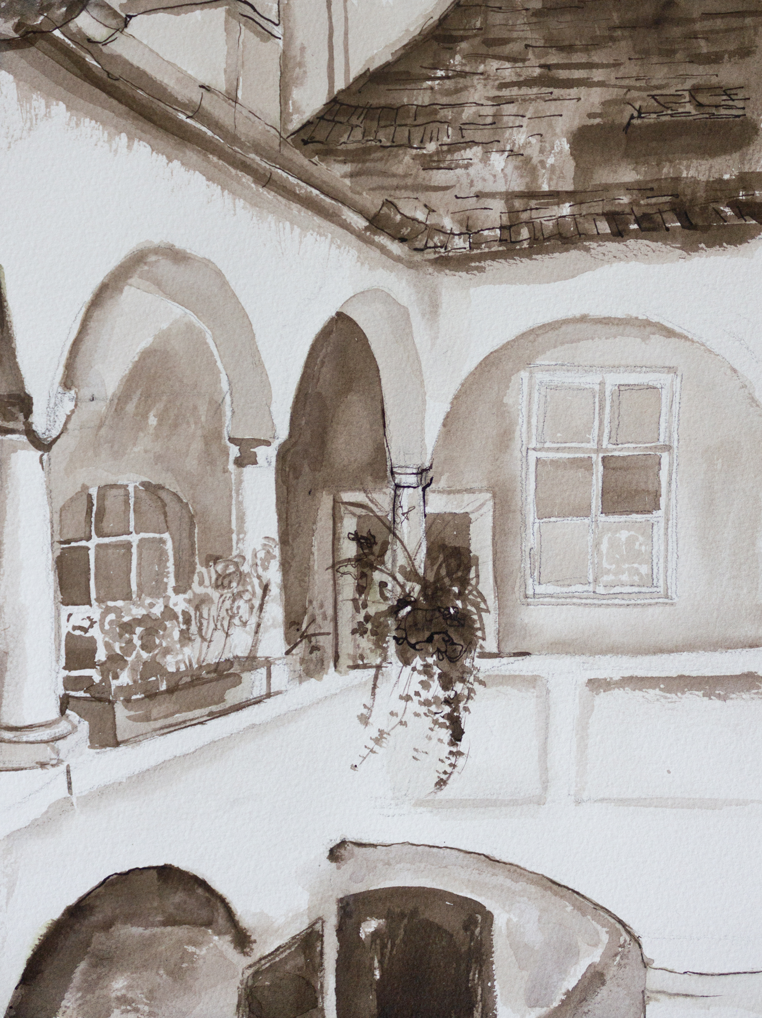Courtyard with arcades, Sepia, 2022, 30,5x23cm 