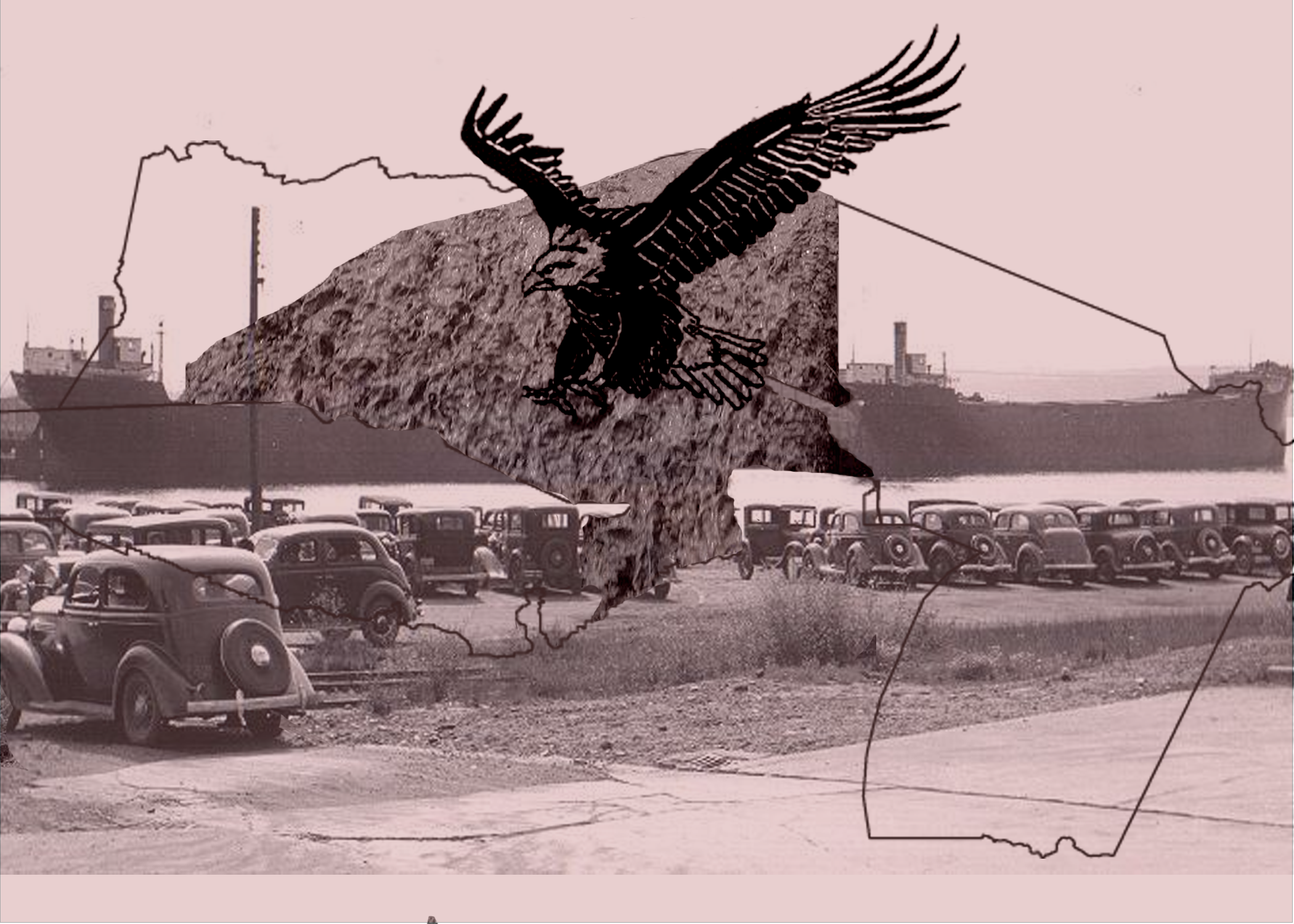 Polluted Waters: Ford sawmill (Baraga County Historical Museum; collage by Chloe Thompson): This additional drawing uses archival media from the Baraga County Historical Museum of the Ford sawmill, the ceded territory boundaries, an image of polluted Lake Superior waters, and the emblem of the KBIC to portray the tribal community’s application for water quality standard as community-led resistance against the Plantationocene.