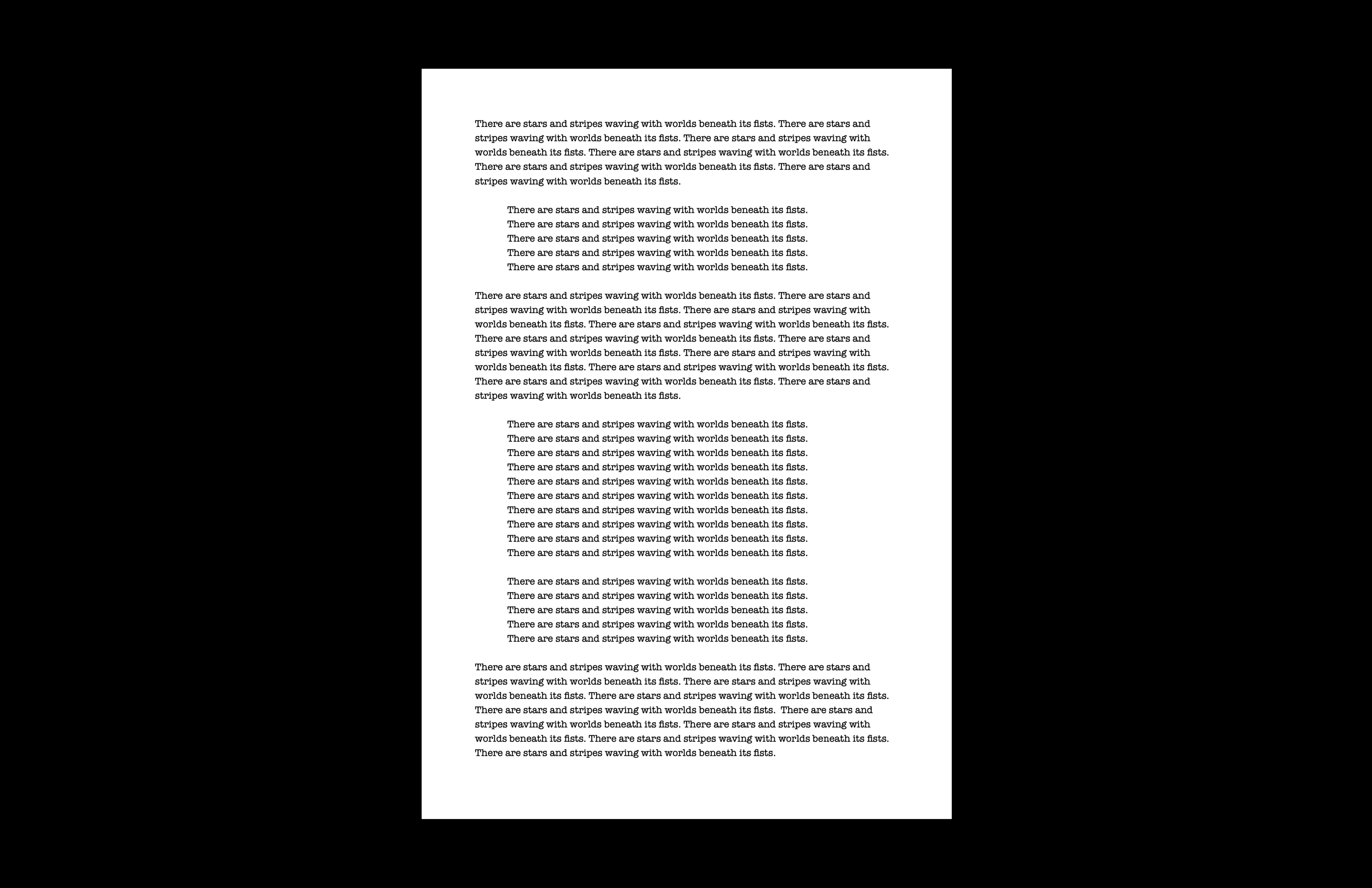 There are stars and stripes waving with worlds beneath its fists.