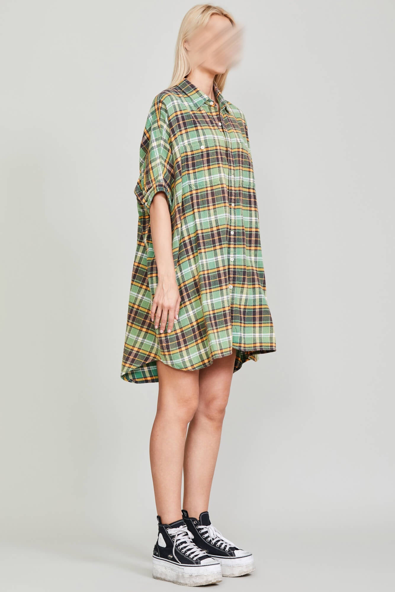 R13 OVERSIZED BOXY SHIRTDRESS GREEN PLAID TOP t.a