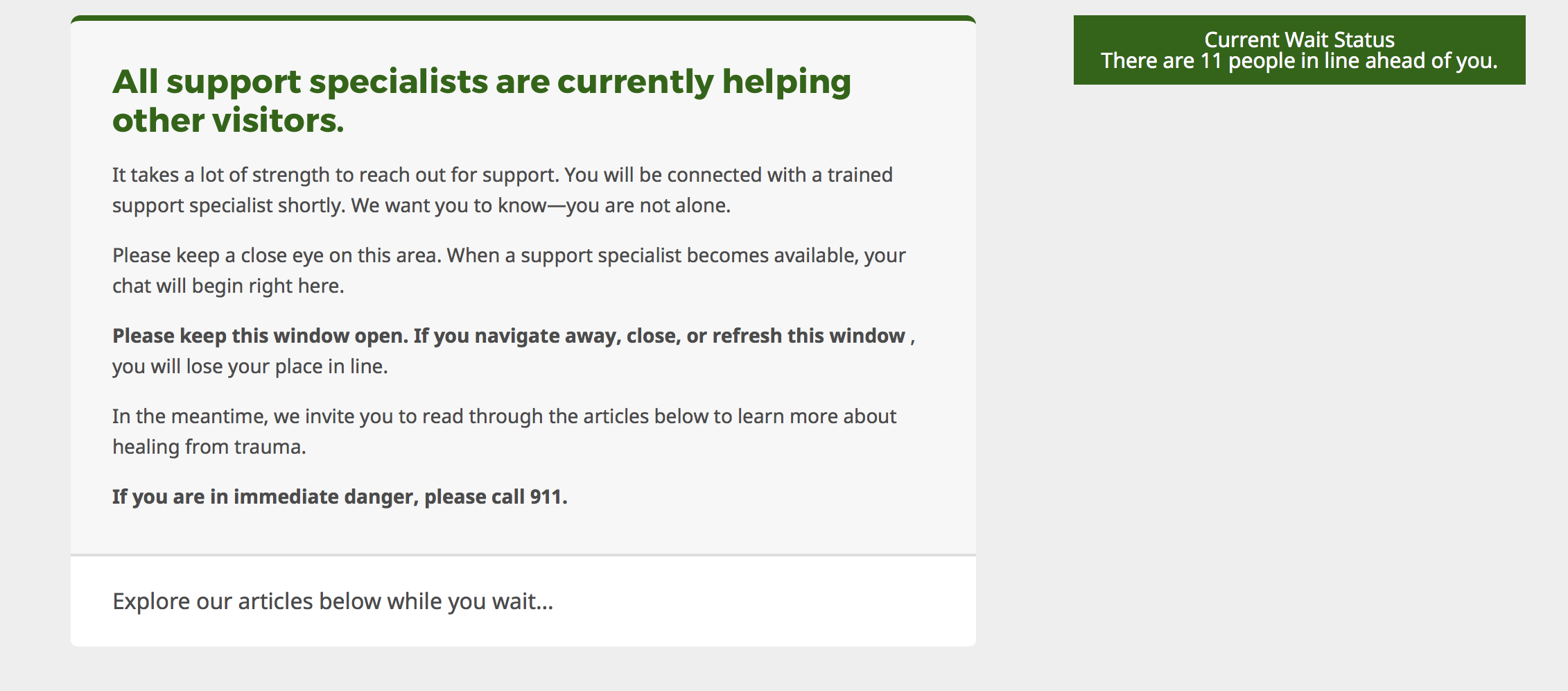 Screenshot from RAIN website indicating wait times to speak to an advocate