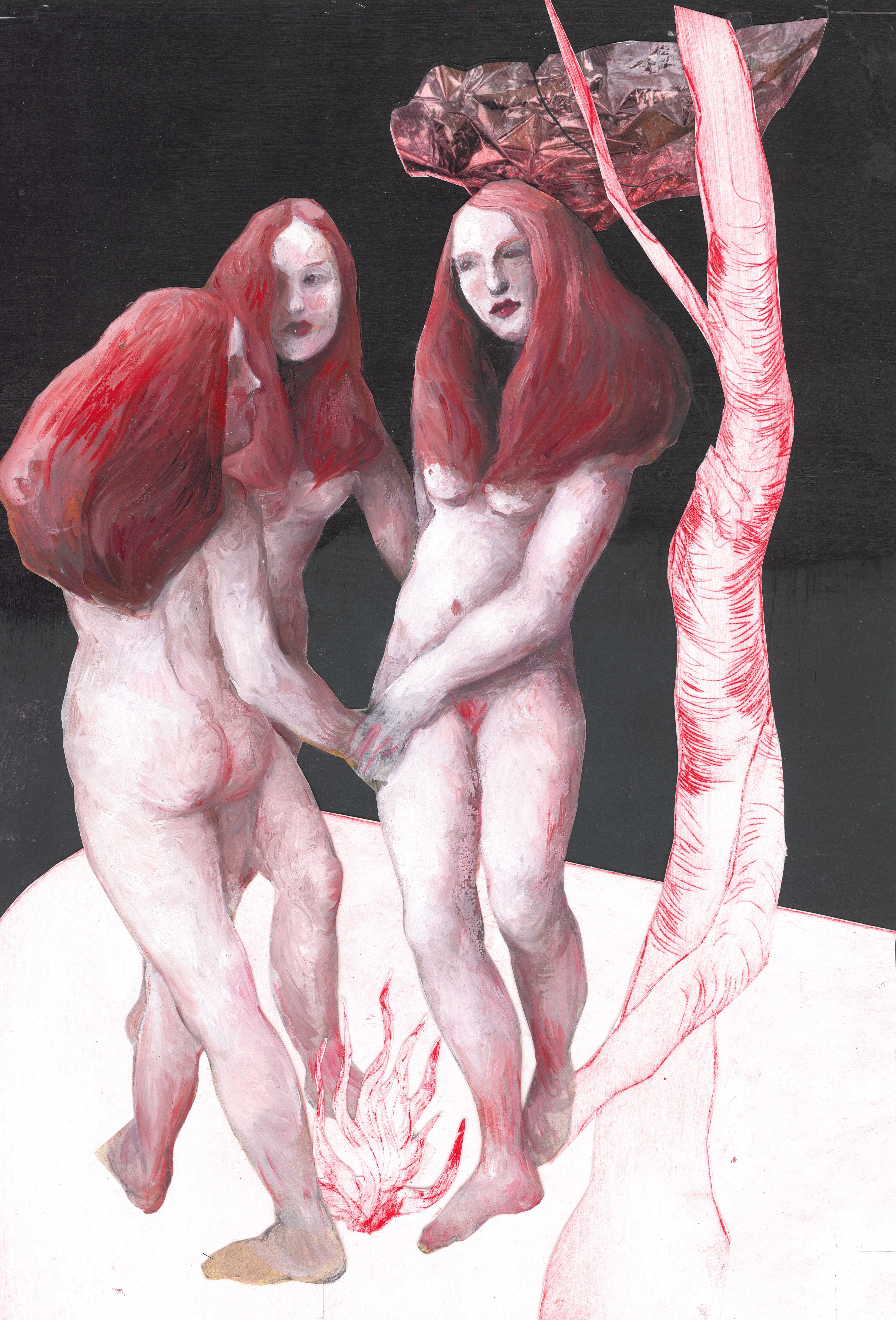 Witch danceOil paint on paper, collage with photo material and etching, 24 x 34cmSerie: Witches2021-2022