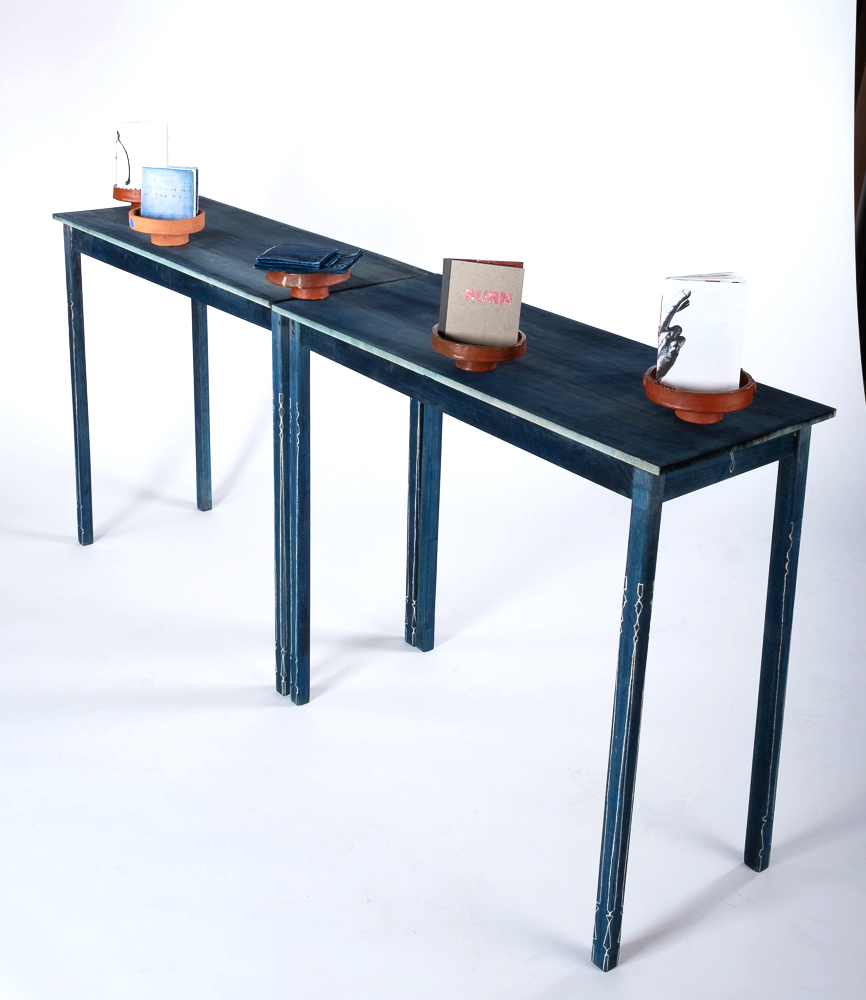 Family Dining Room Table(s) with Stories and Nourishment Dishes 2024 Cyanotype, Poplar wood, Earthenware, and Book forms Varying dimensions