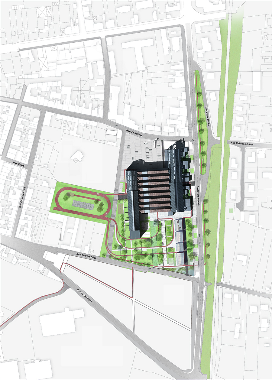 Plan masse pour Alice Riard - Projet de fin d'étude - ENSAPVS - requalification paysagère et pépinière d'entrepridse - Chateaudun