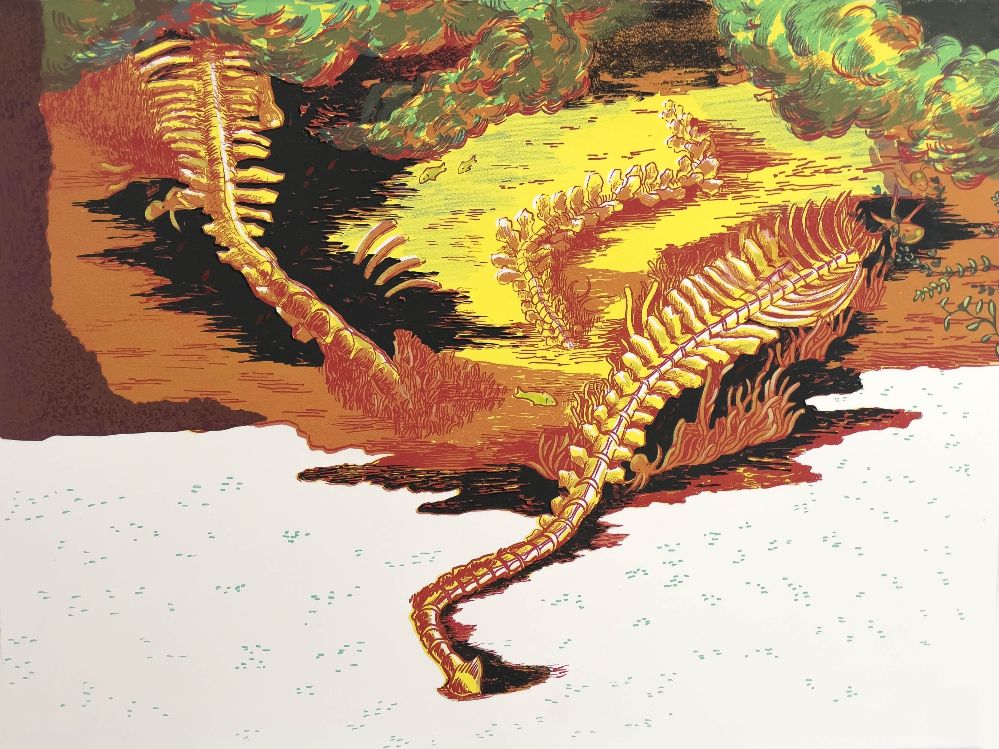 "Heavenly Bodies." Screenprint with gouache and colored pencil details. 22 in x 30 in. 2021.