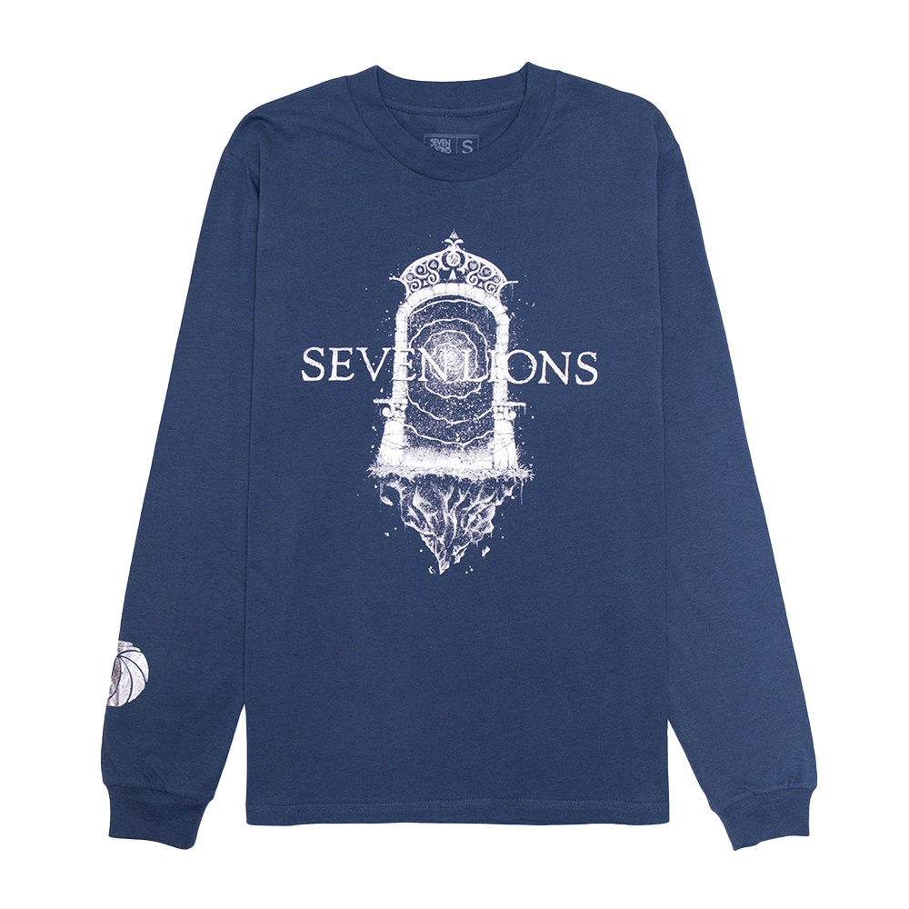 SEVEN LIONSThrough the Gateway. Screen-printed Longsleevewith a silver foil sleeve accent.