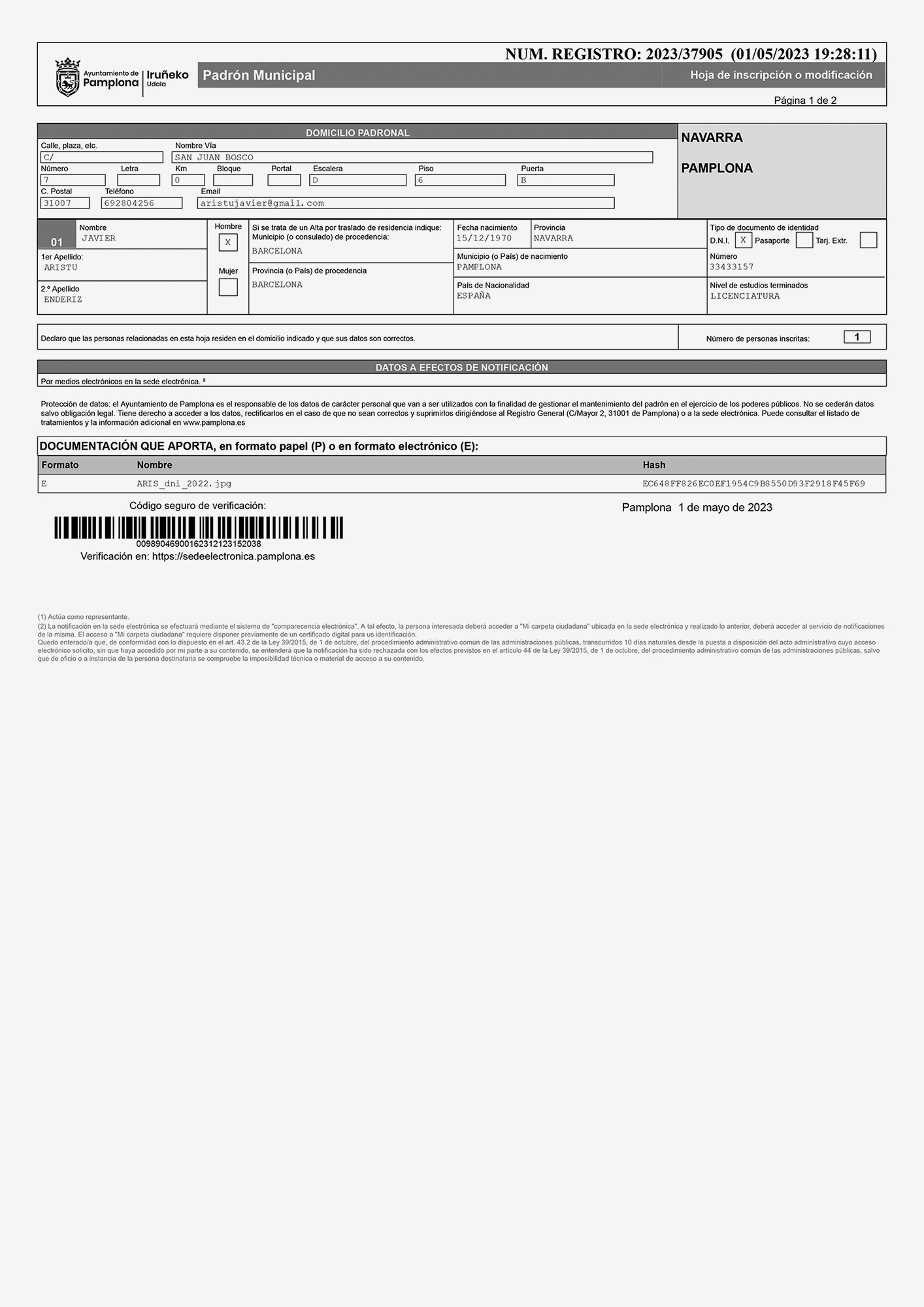 Solicitud de padrón municipal, Pamplona, 2023