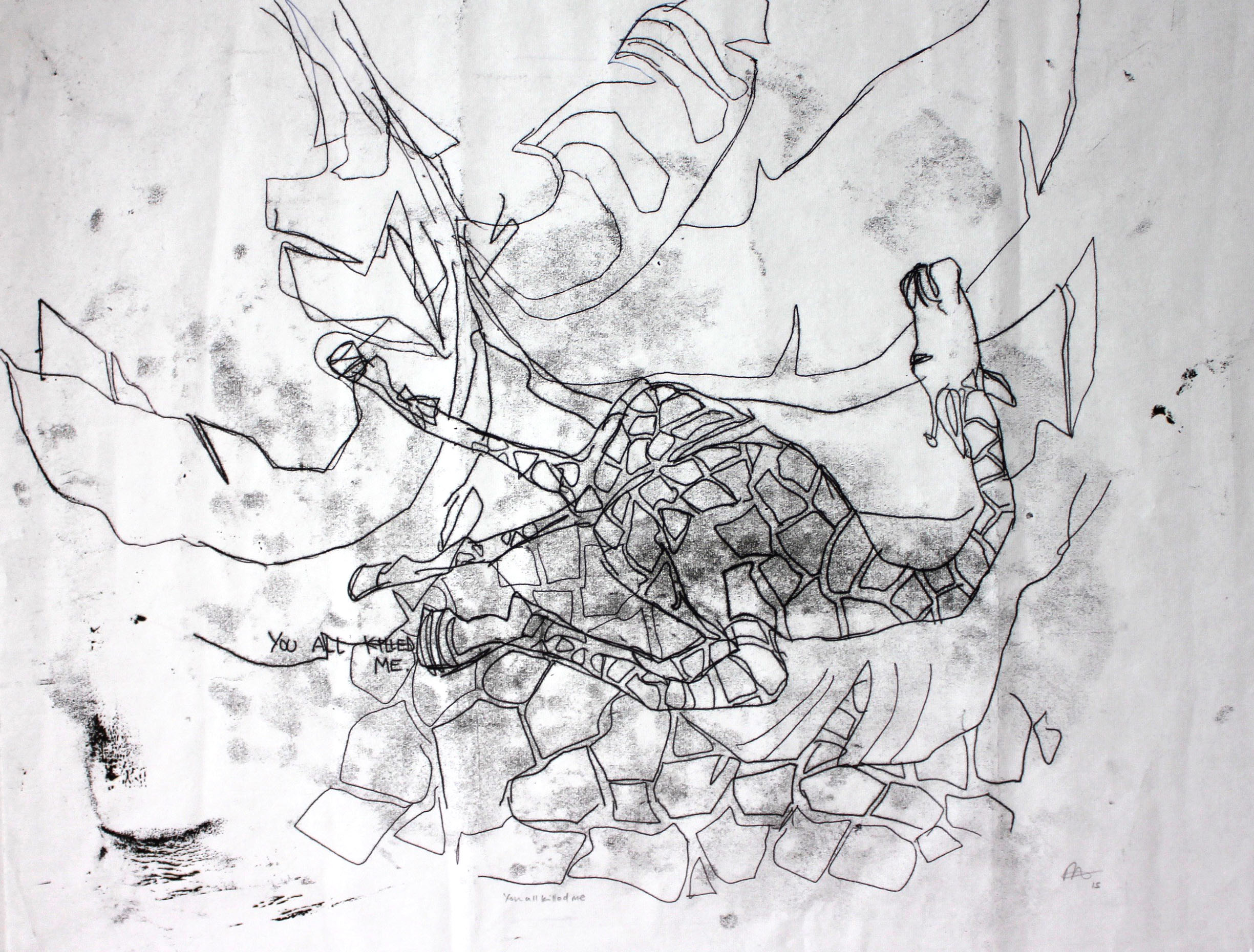 YOU ALL KILLED ME 2015Monoprint on found rice paper
