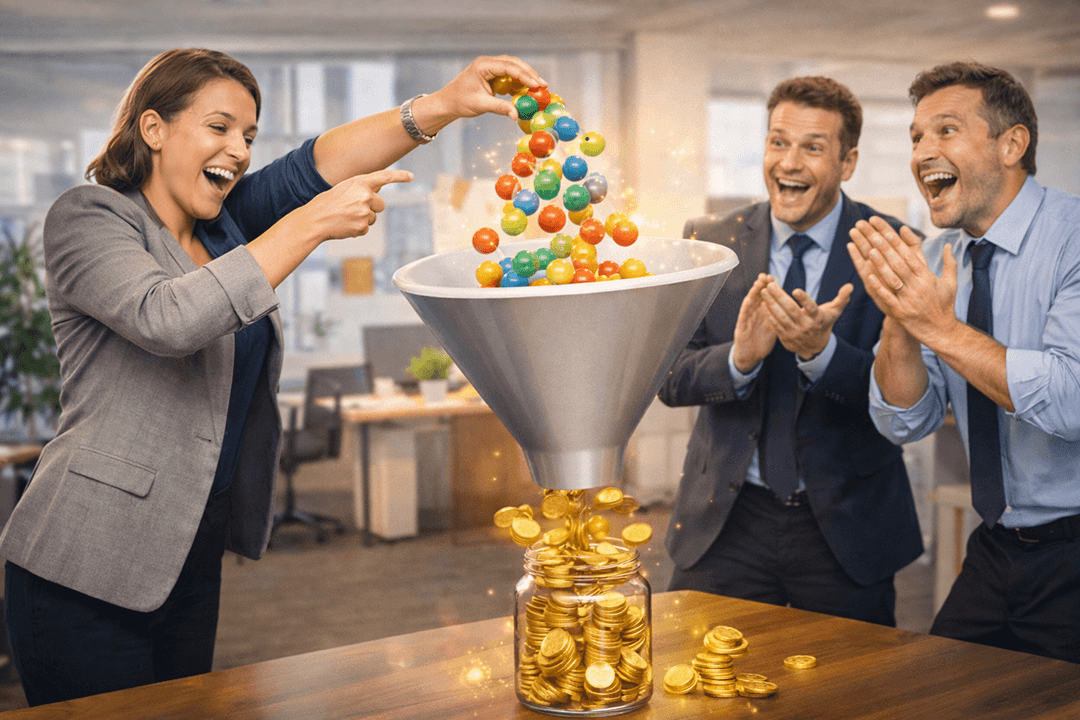 Cheesy stock photo of a marketing person pouring colourful marbles into a giant literal funnel on a desk, with marbles coming out as shiny gold coins into a jar. Everyone in the scene is way too impressed, exaggerated smiles, staged startup office, hyper-saturated, overlit, slightly uncanny AI look, wide banner composition, no text, no logos.