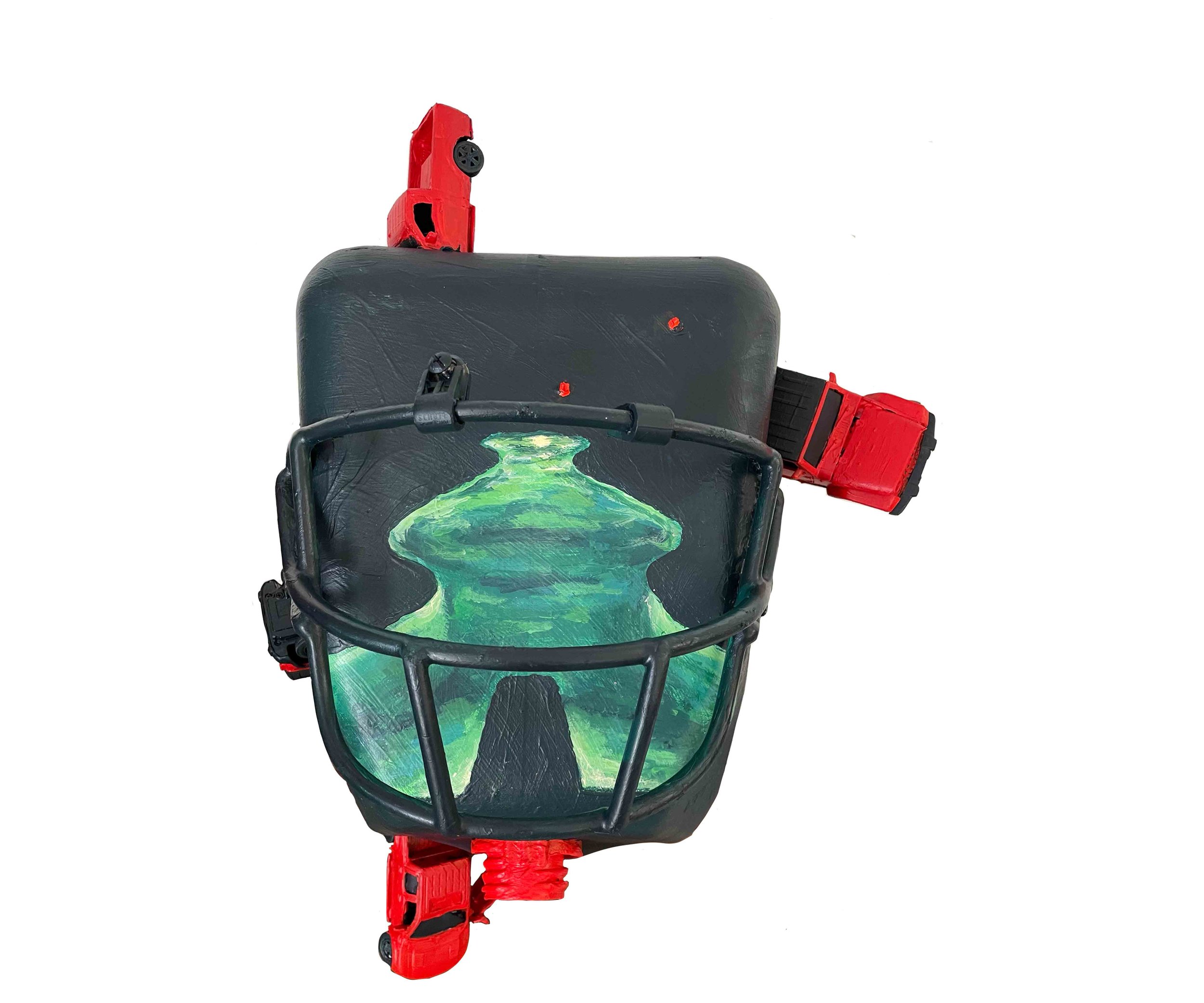 Night Swimming (The Best Thing I Ever Did) 2021 20” x 25” x 16” Acrylic paint on gasoline container, football facemask, toy cars