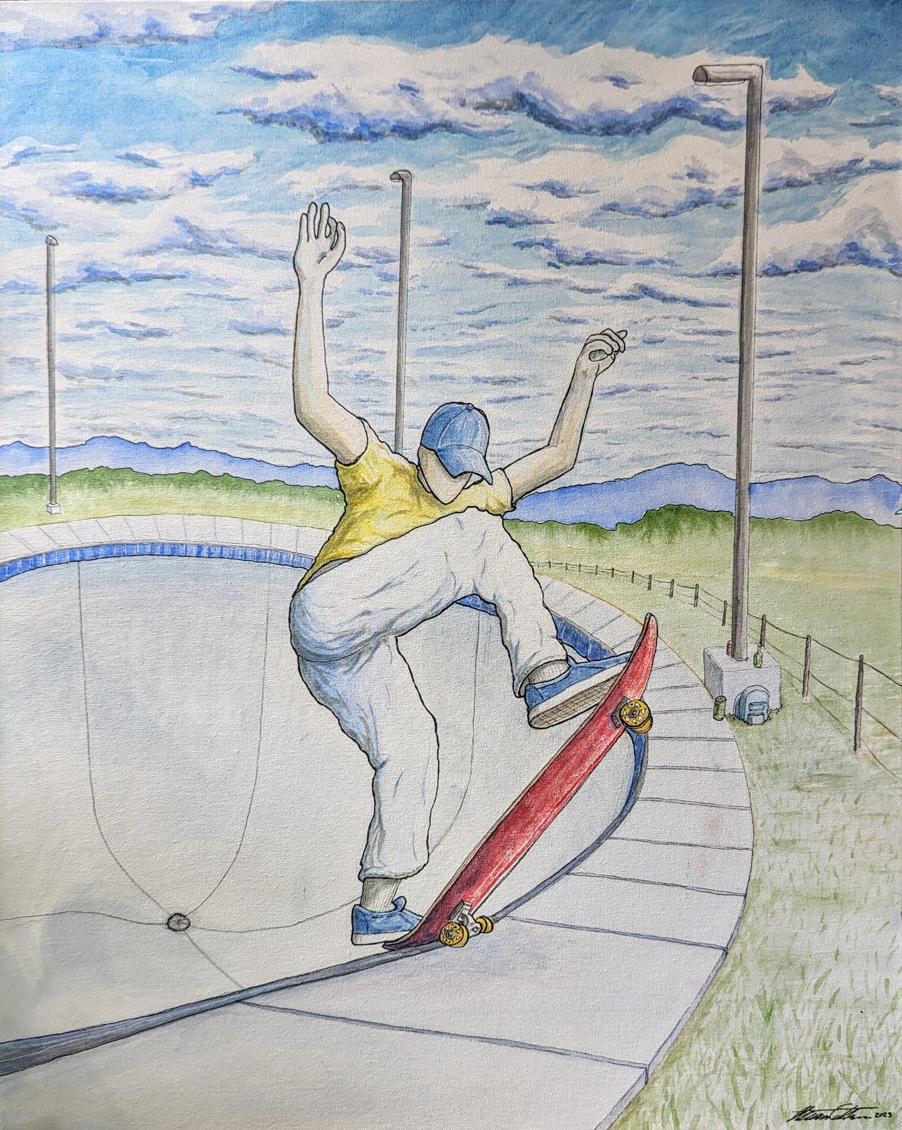Scenic Skatin, Watercolor, Pen