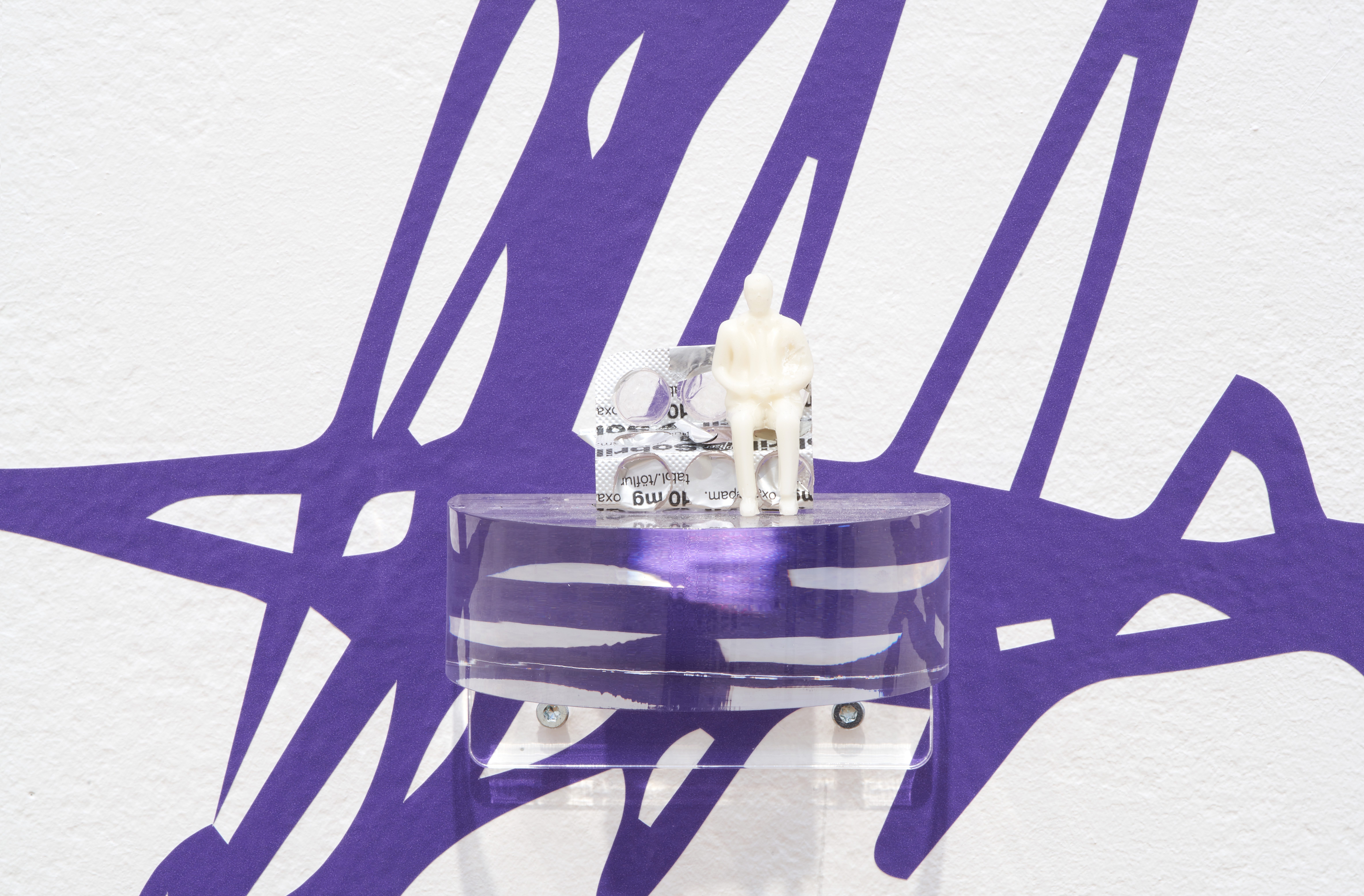 Sobril Figure, Reykjavik Art Museum 2021 (sobril, resin, pill packaging, plexiglass, wall painting)