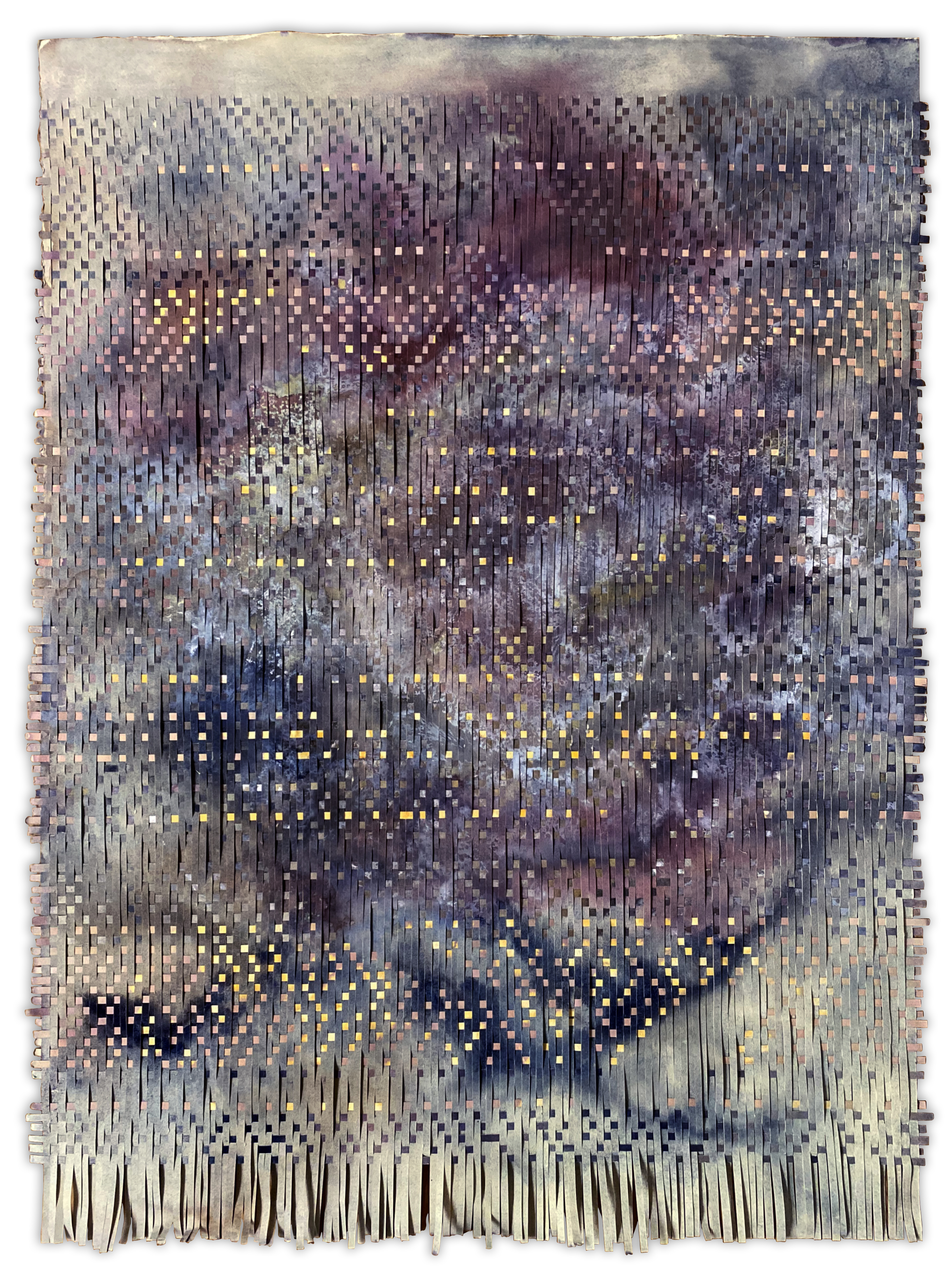 Sun Gaze 02, woven painting, cotton paper,  natural inks from indigo, beet, onion skins and safflower, 31''x 42'', 2021