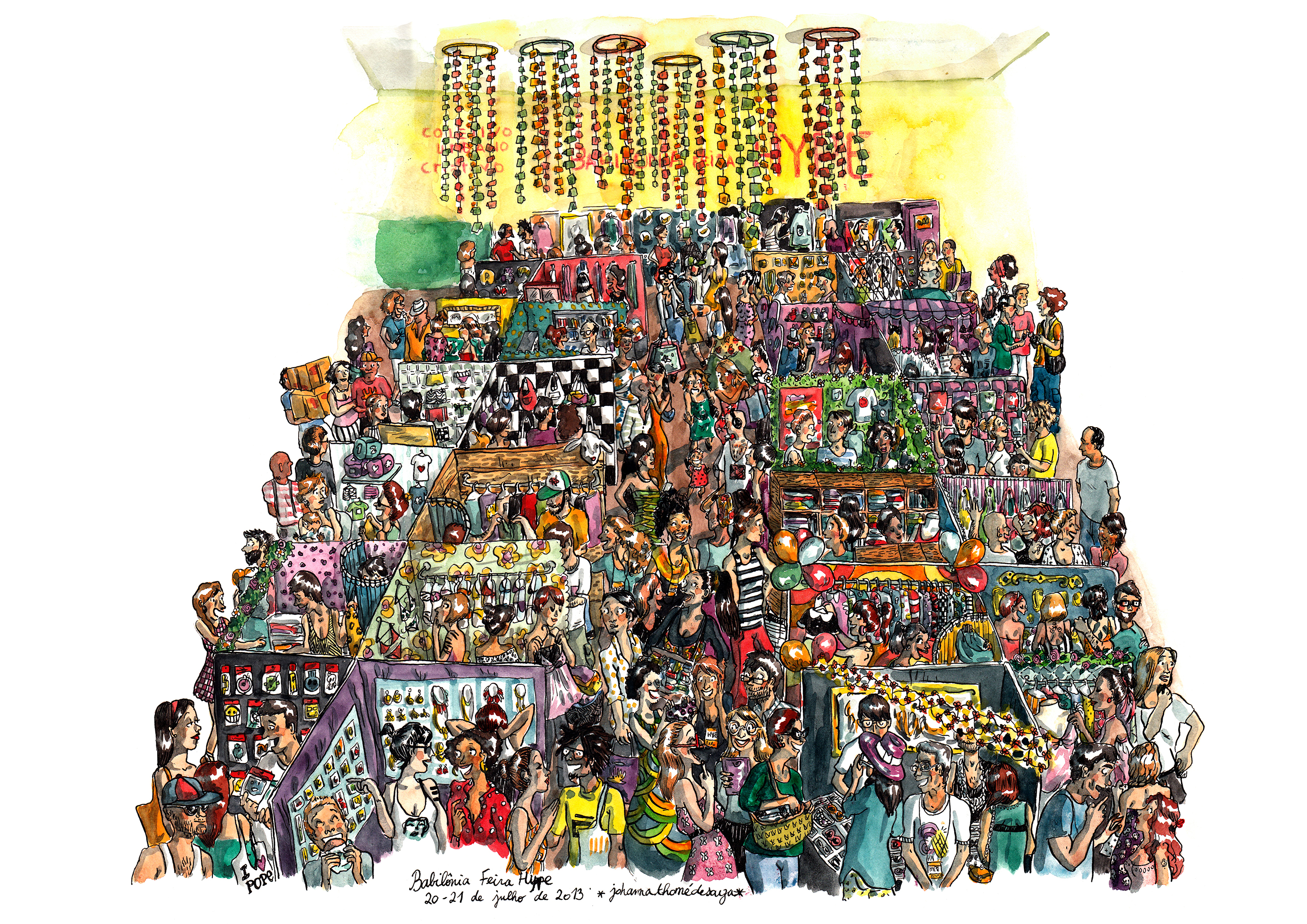 Desenho da Feira Babilônia realizado ao vivo, pintado em casa depois.