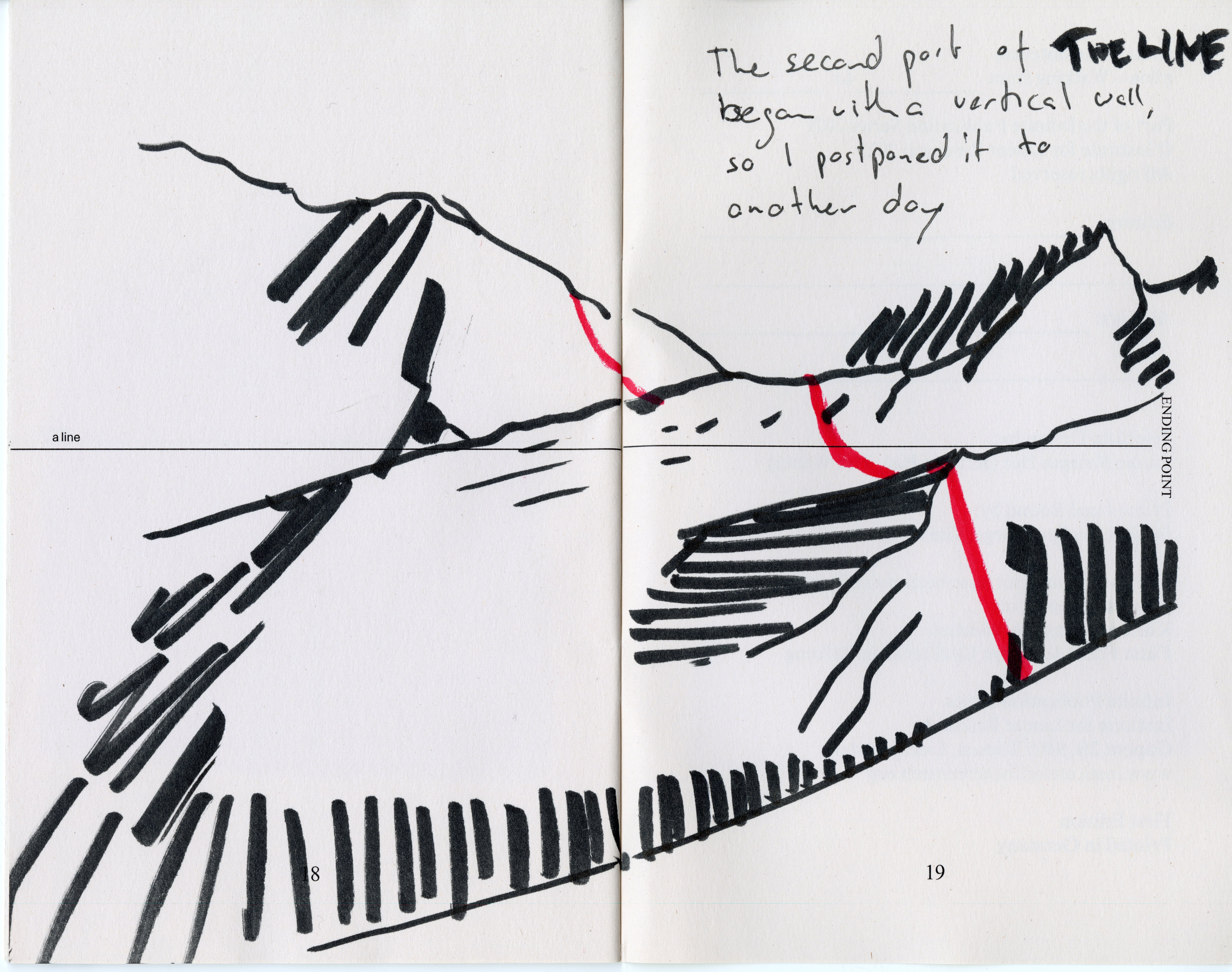 Walk in the small segment of THE LNE that crosses the asutrian high Alps in Vorarlberg. Sketch by Luis Hilti. Ink on paper, 2022.