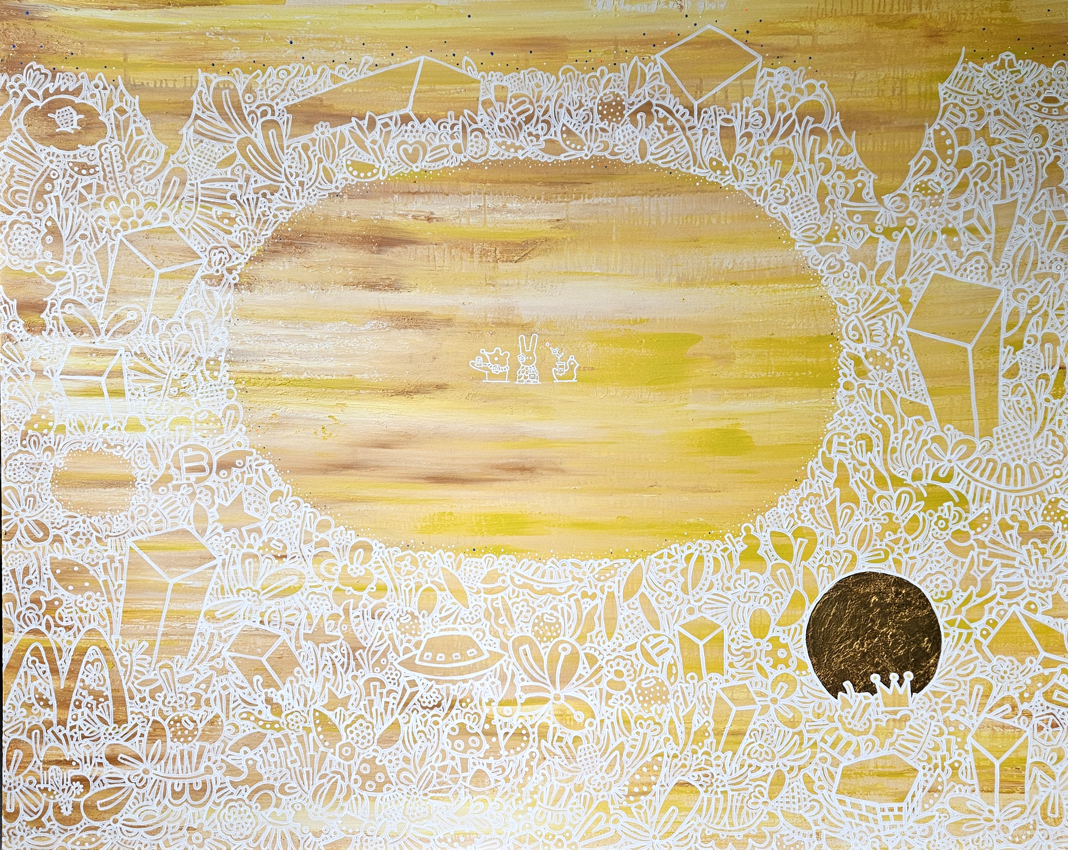 擁有美好的每一天-黃色許願池。Have a wonderful day - yellow wishing fountain。Acrylic paint. Metallic foil. Canvas, Cm 162x130, 2023