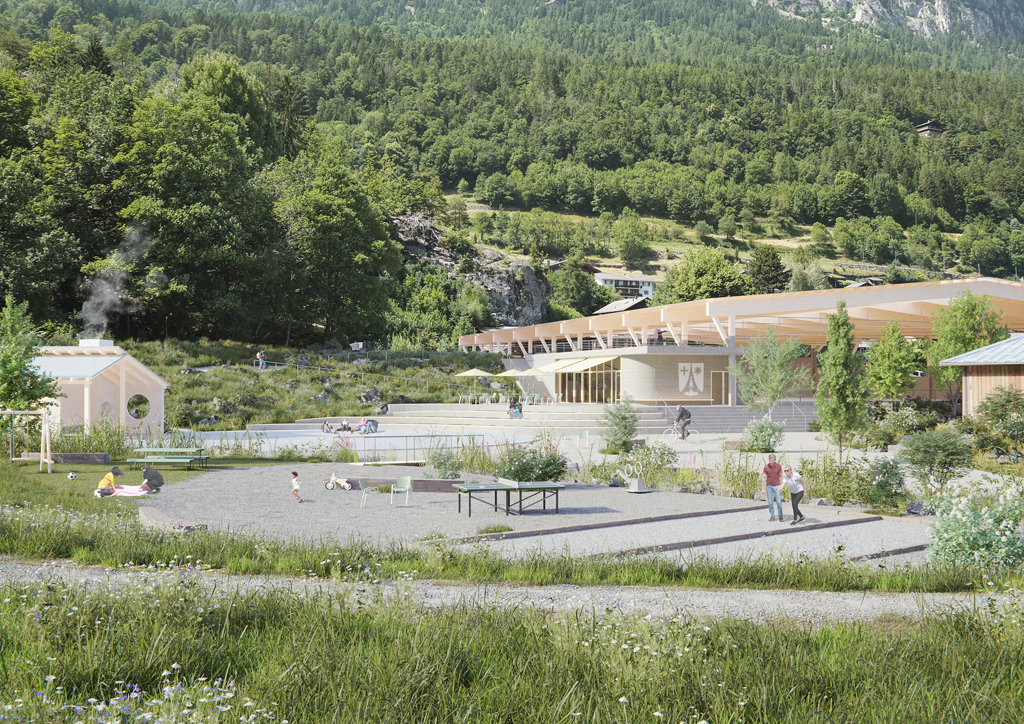 patinoire, der architectes, vegetalys, paysagiste, salvan, suisse, rendu, exterieur