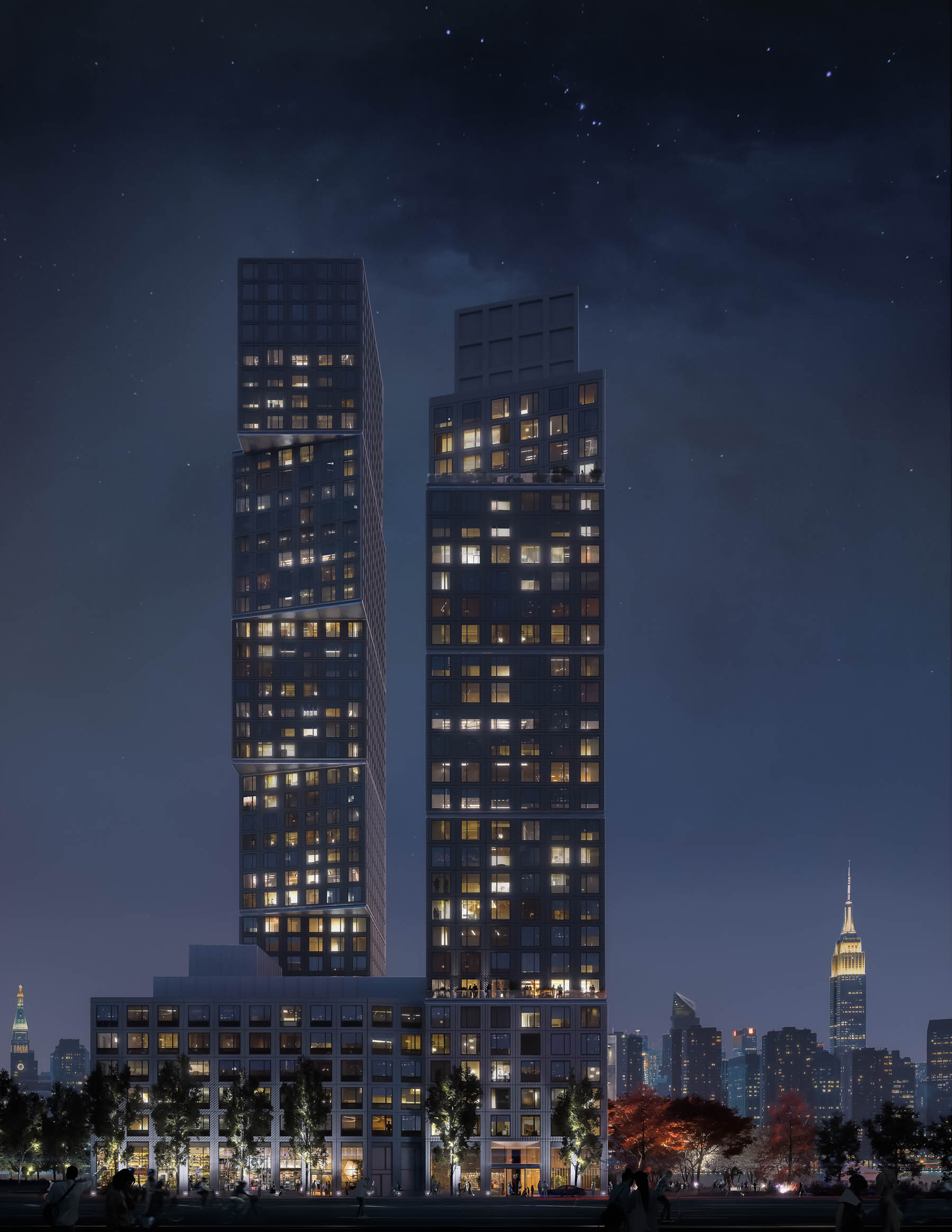 Night time Rendering of the Eagle + West Towers in Greenpoint Landing, Brooklyn New York by OMA.