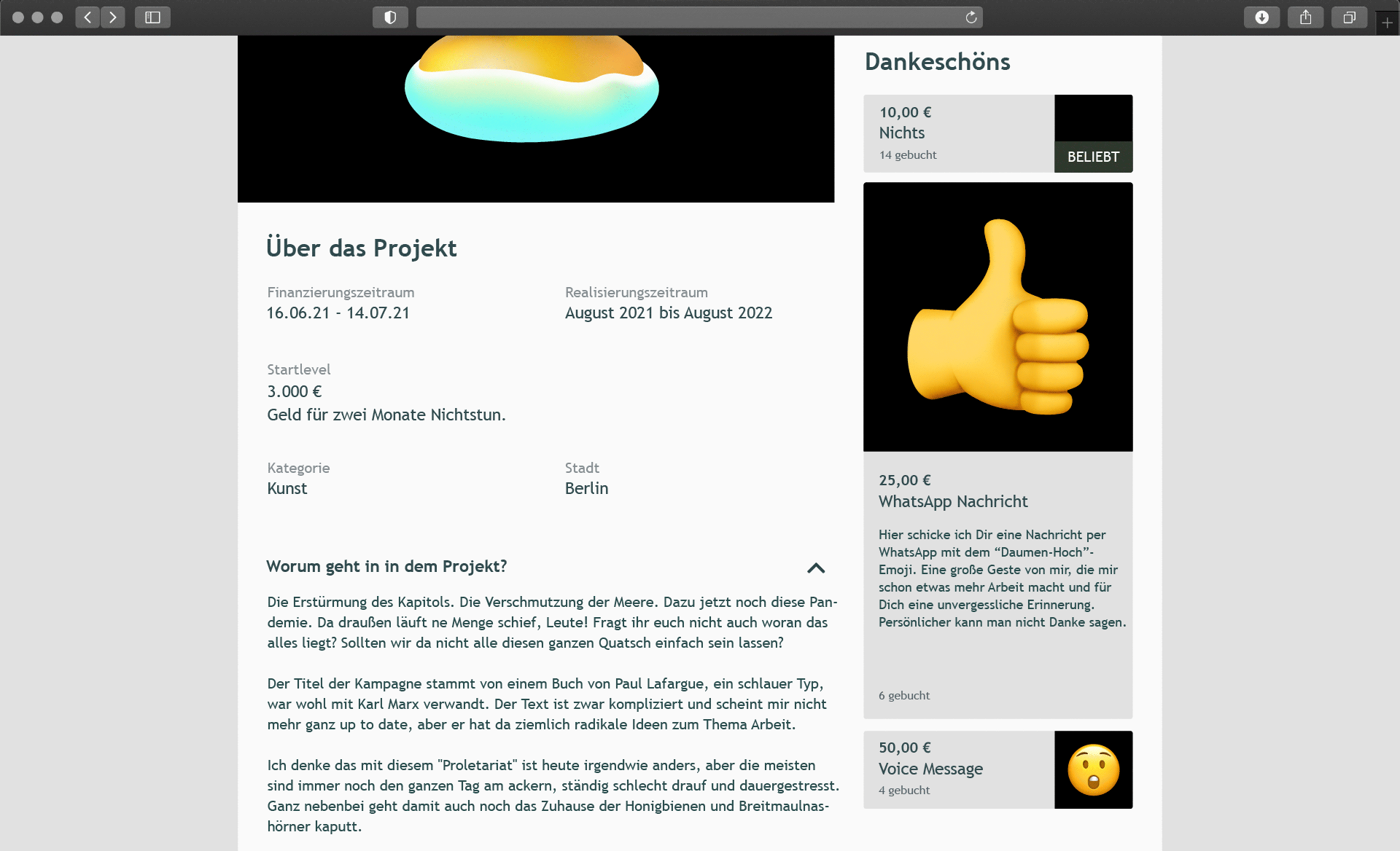 The Right to be Lazy (Screenshot Website), 2021, crowdfunding campaign