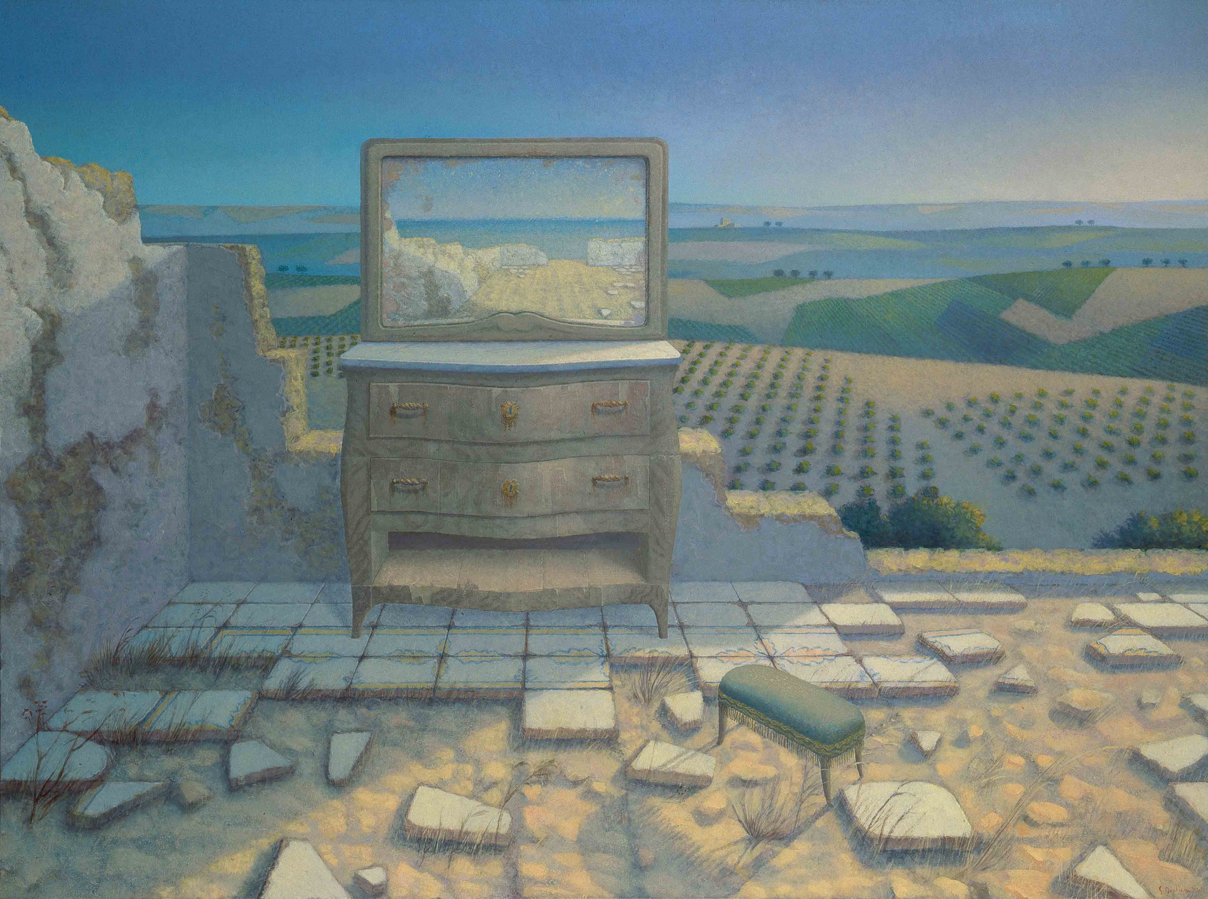 Mobili nella valle del sisma, 1991, olio su tela, 120 x 160 cm
