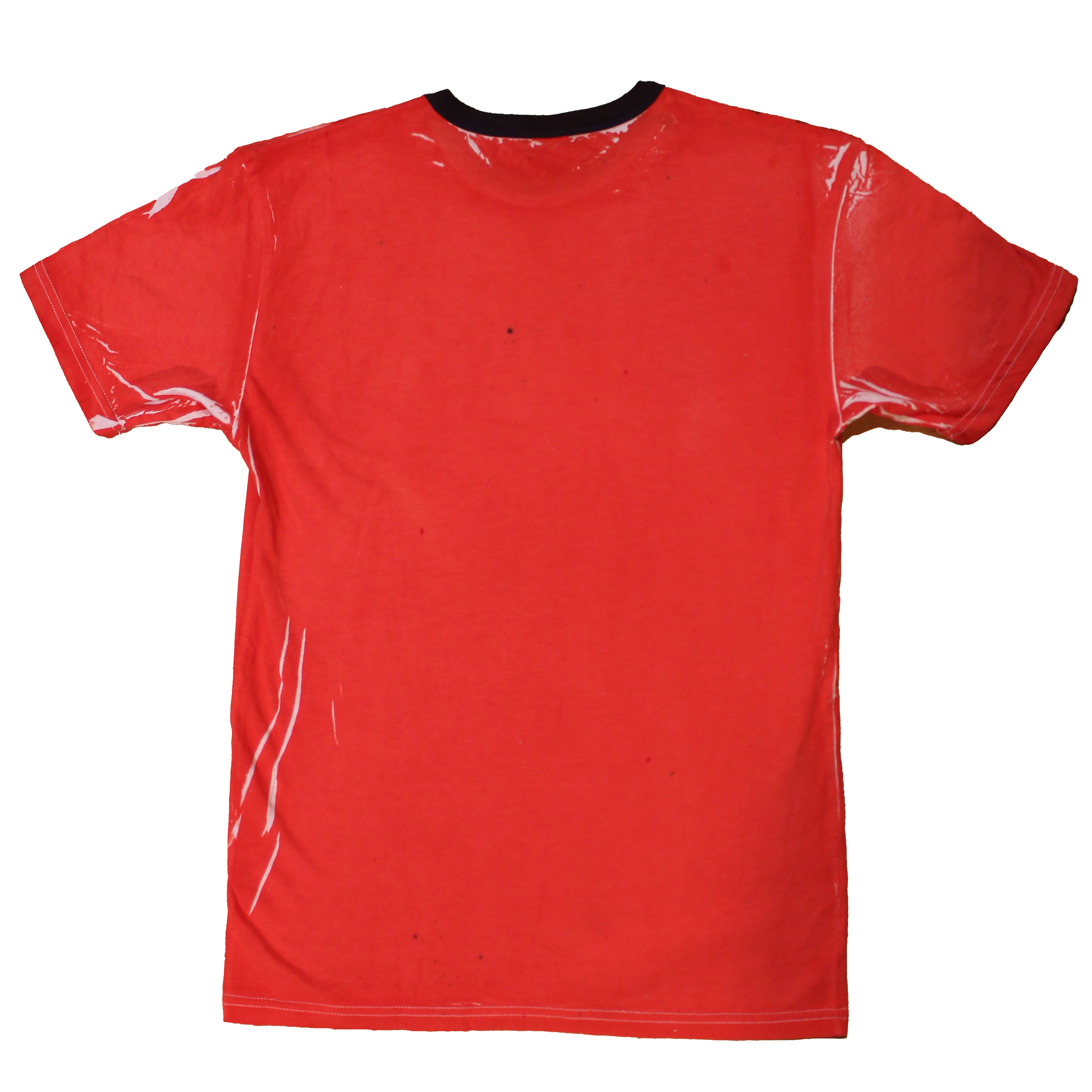 reclaimed vintage deadstock 70s ringer tee allover printed with dye. creases are unpredictable and vary from tee to tee. 