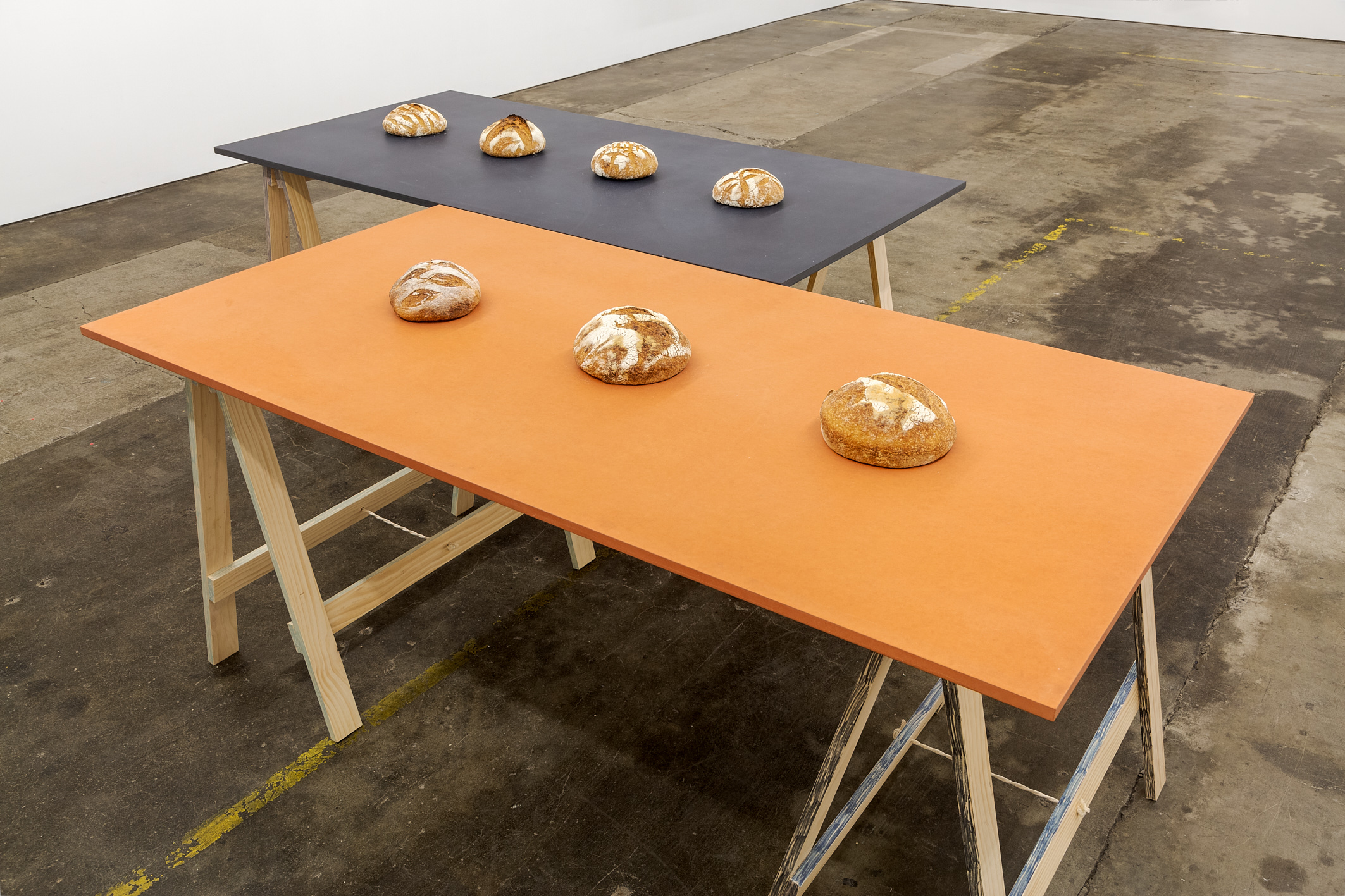 Jacqueline Stojanović, Yesterday’s Bread, 2021, Flour, water, two trestle tables, Dimensions variable