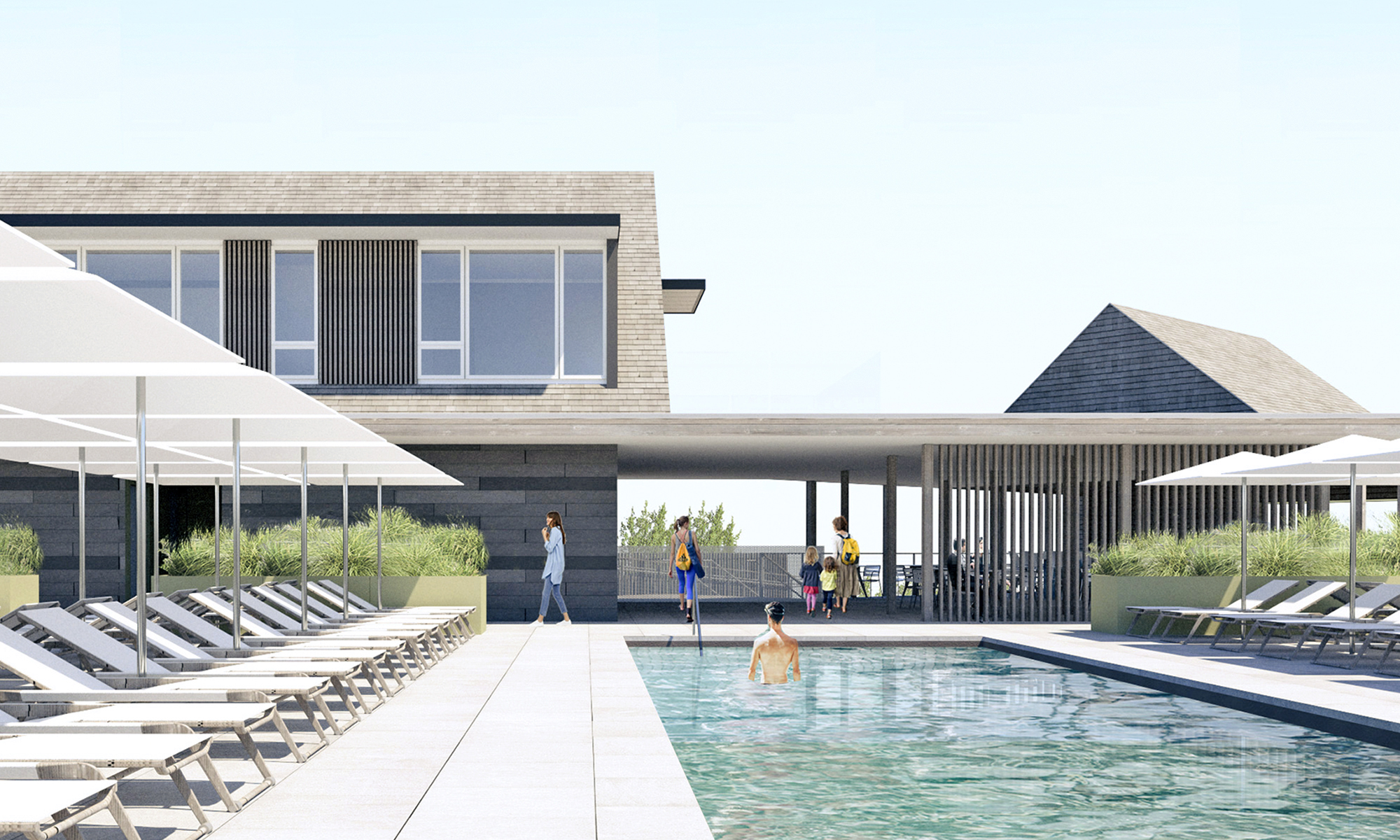 Architectural rendering of the Harbour Cove private club pool area, showing multiple lounge chairs, pool patrons, and the modern building volumes with contrasting flat and gabled roofs in the background.