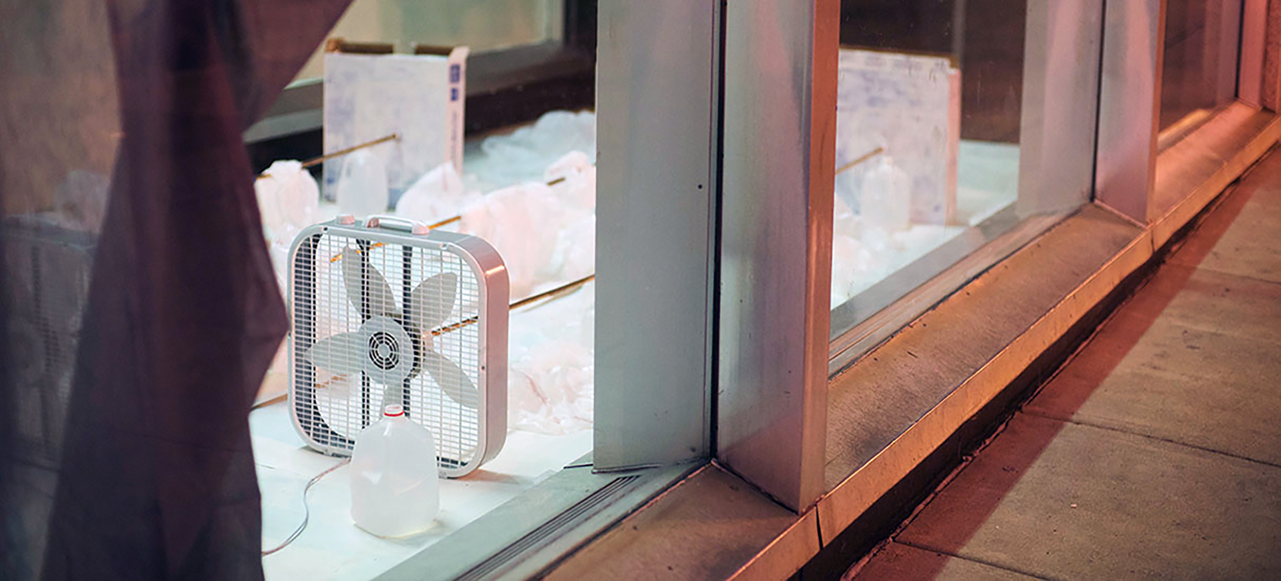 4/5 — PORTEND.  While in residency at MOTE90 in Columbus, OH, Quinn used a former banking institution's interior as a studio space and site for her installation project PORTEND.  This project was curated by Nayeon Yang.  With the building scheduled for future demolition, the installation's various elements included hand-cut paper, transparent packing tape, drapery, box fans, box fan boxes, copper pipe, 1,000 single-use plastic shopping bags, plastic jugs of water (one open), 2015.