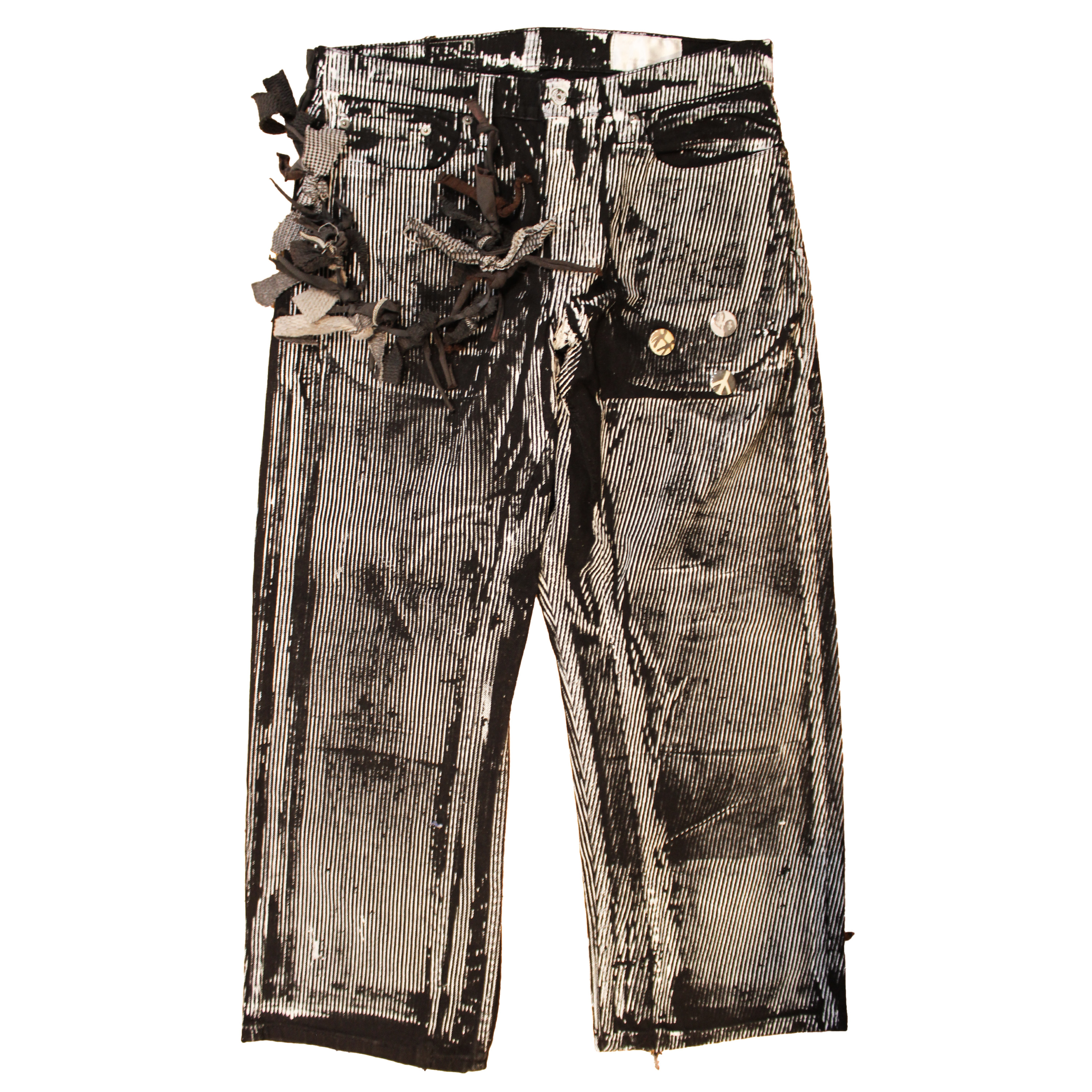 reclaimed vintage surplus denim screen printed with pinstripes in textile dye. tailored for straight/wide fit. fitted with custom keychain, scrap chain, and leather patches