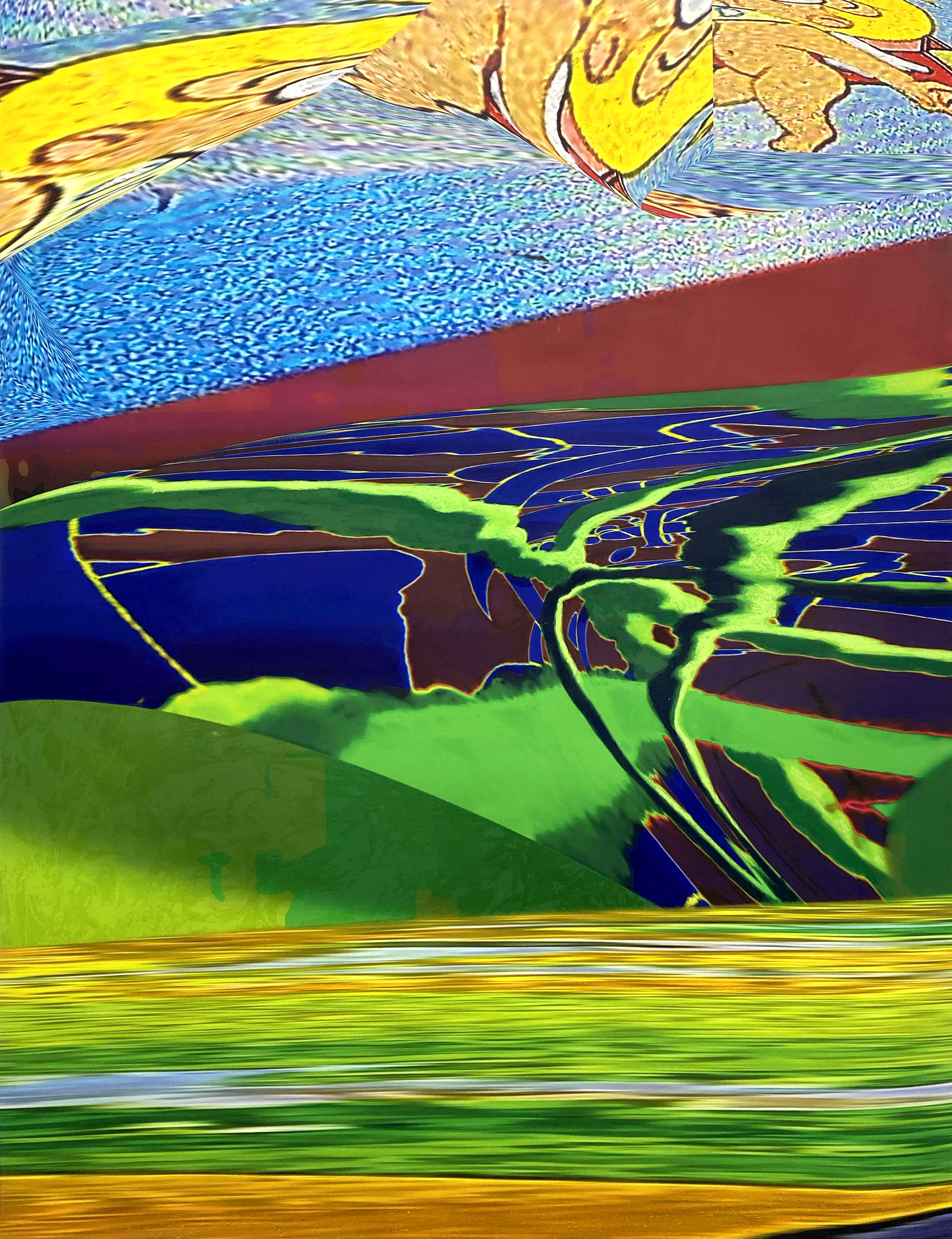 "Landscape #2", Screenprint, acrylic, sand, flock, and oil pastel on pigmented inkjet print on PhotoTex, 40" x 32",  2025