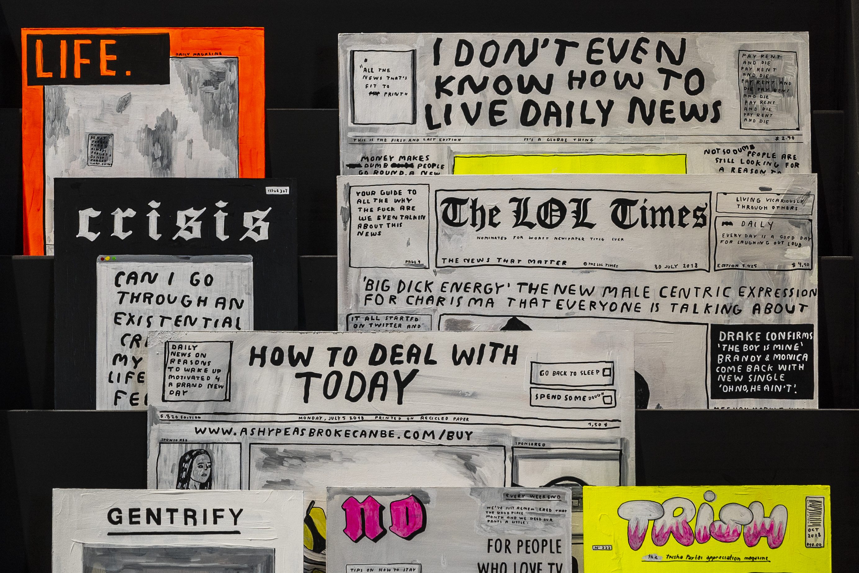 Newsflash series. 2018 Acrylic on pressed cardboard